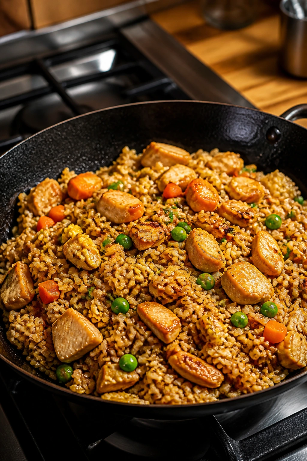 Close-up of chicken tender fried rice with vegetables and eggs in a wok