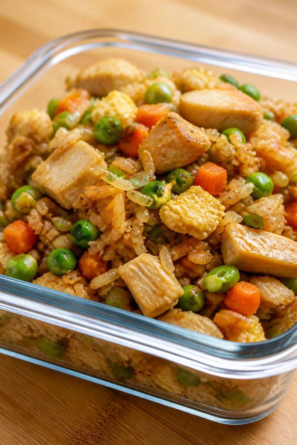 Close-up of chicken fried rice with peas and carrots in a bowl