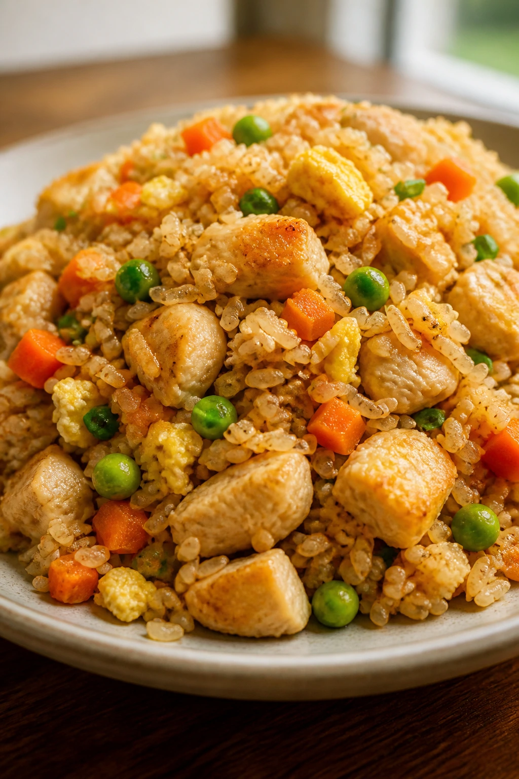 Plate of chicken fried rice with peas and diced chicken