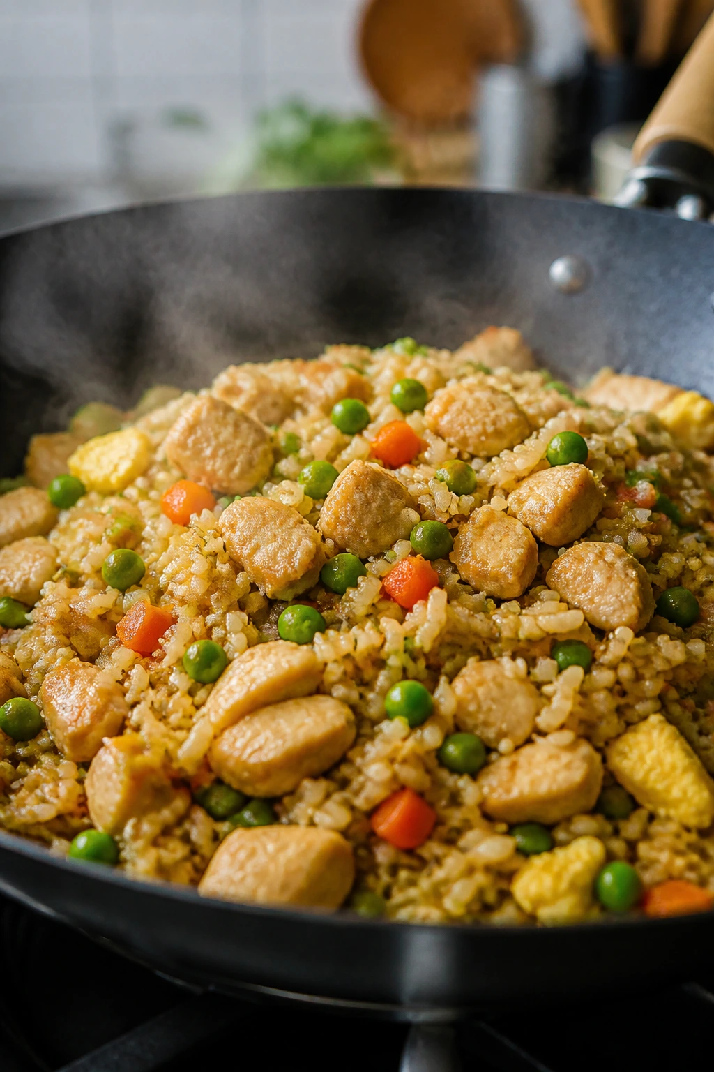 Close-up of chicken fried rice with vegetables and eggs in wok.