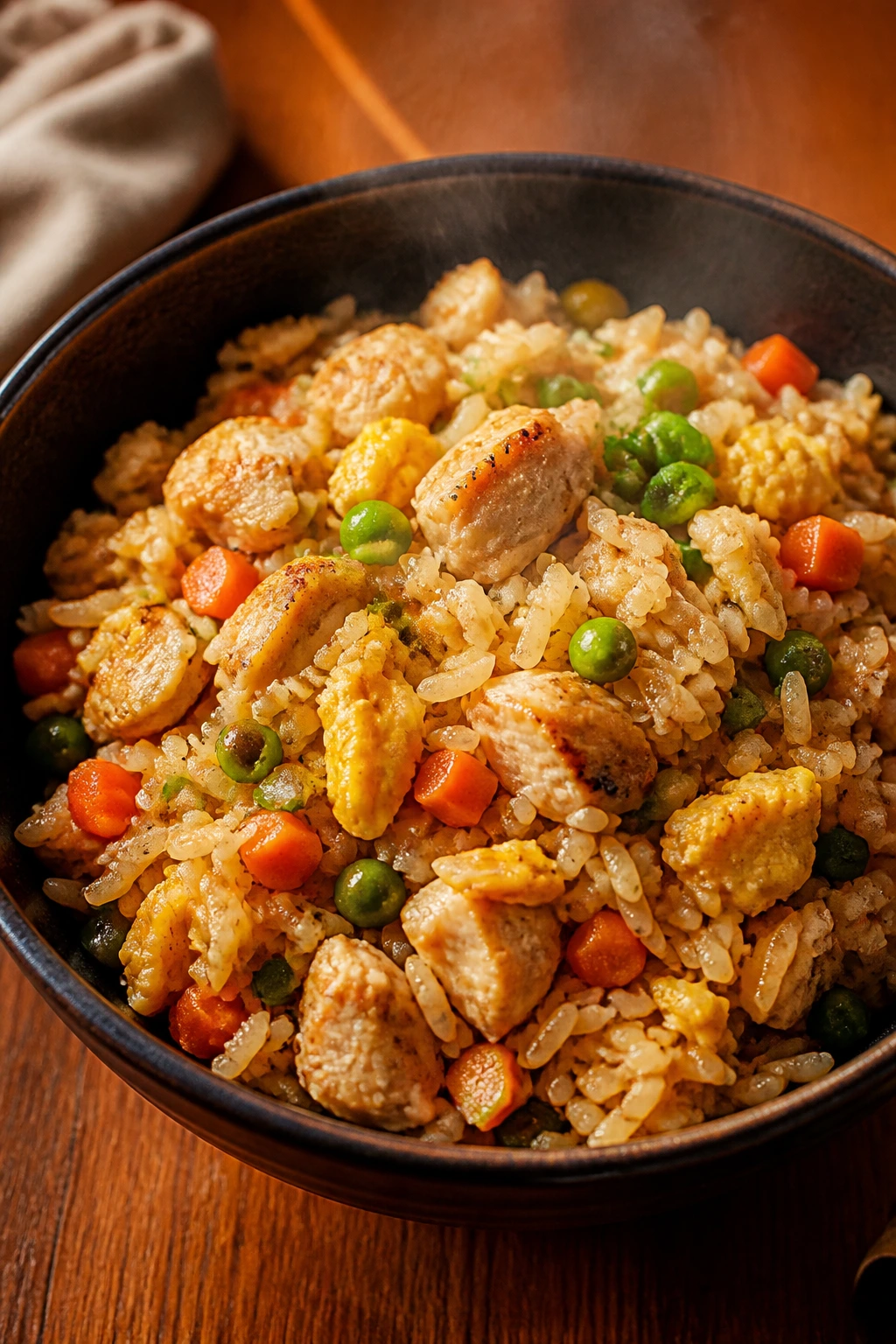 Chicken fried rice with chicken, eggs, and vegetables in a bowl