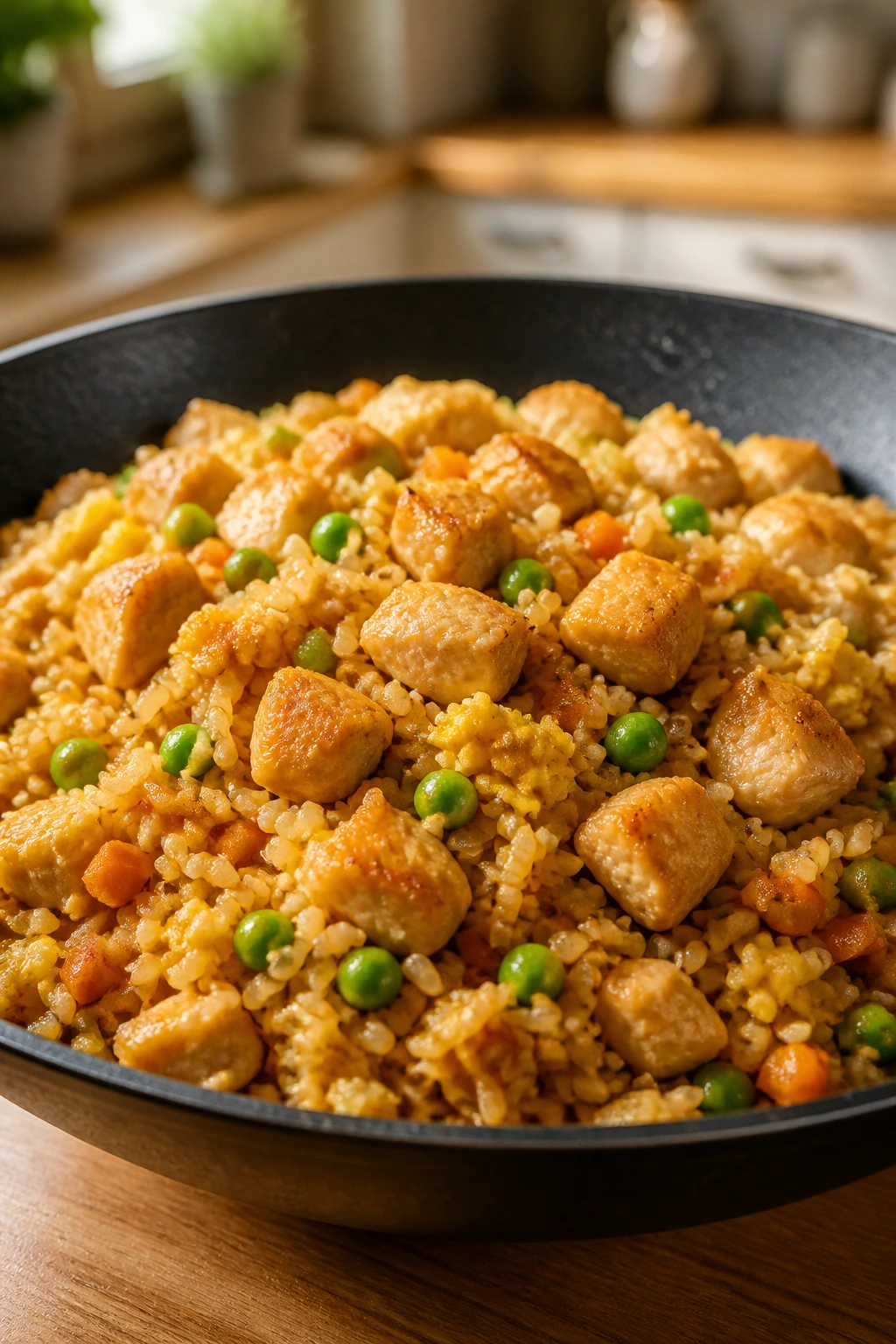 Chicken fried rice with chicken and peas in a wok