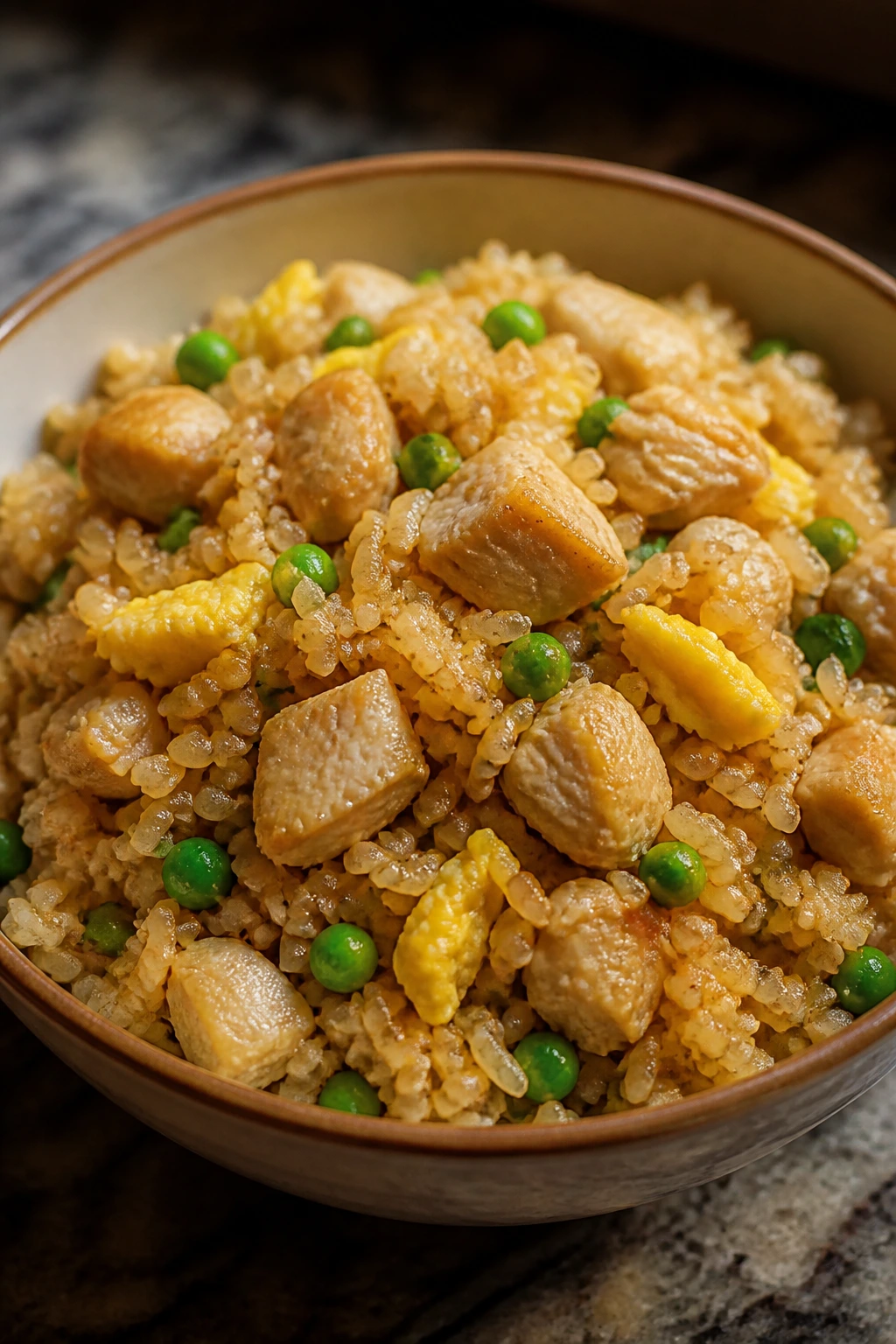 Chicken fried rice in a bowl with egg ribbons and peas