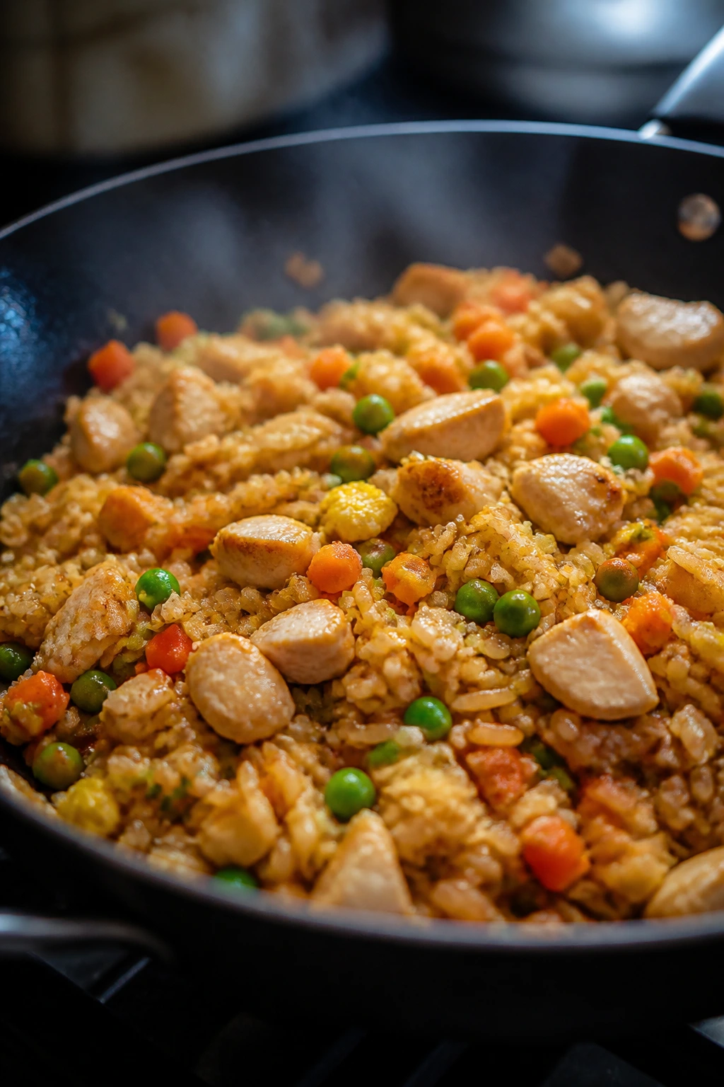 Close-up of chicken fried rice with peas and carrots in a skillet