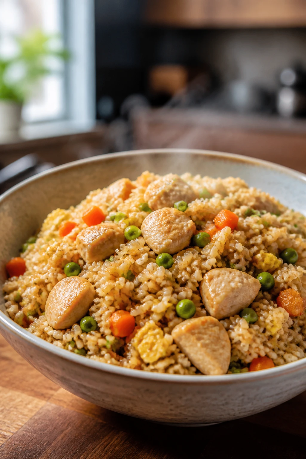 Steaming bowl of chicken fried rice with vegetables