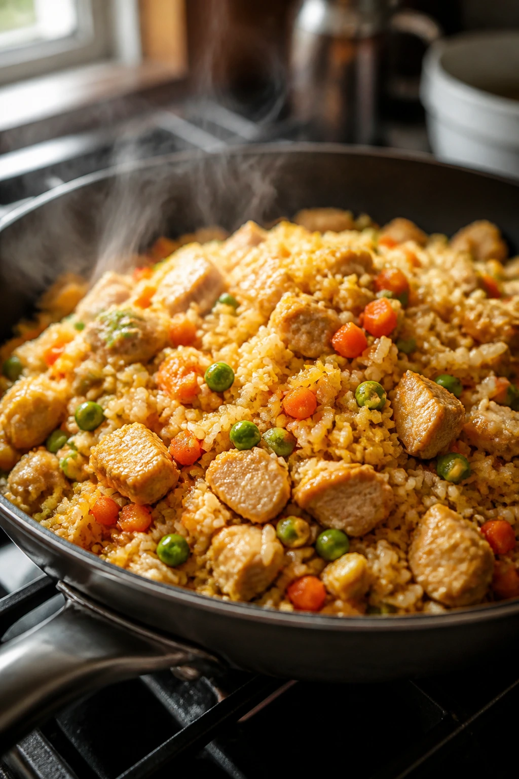 Close-up of chicken fried rice filling the skillet