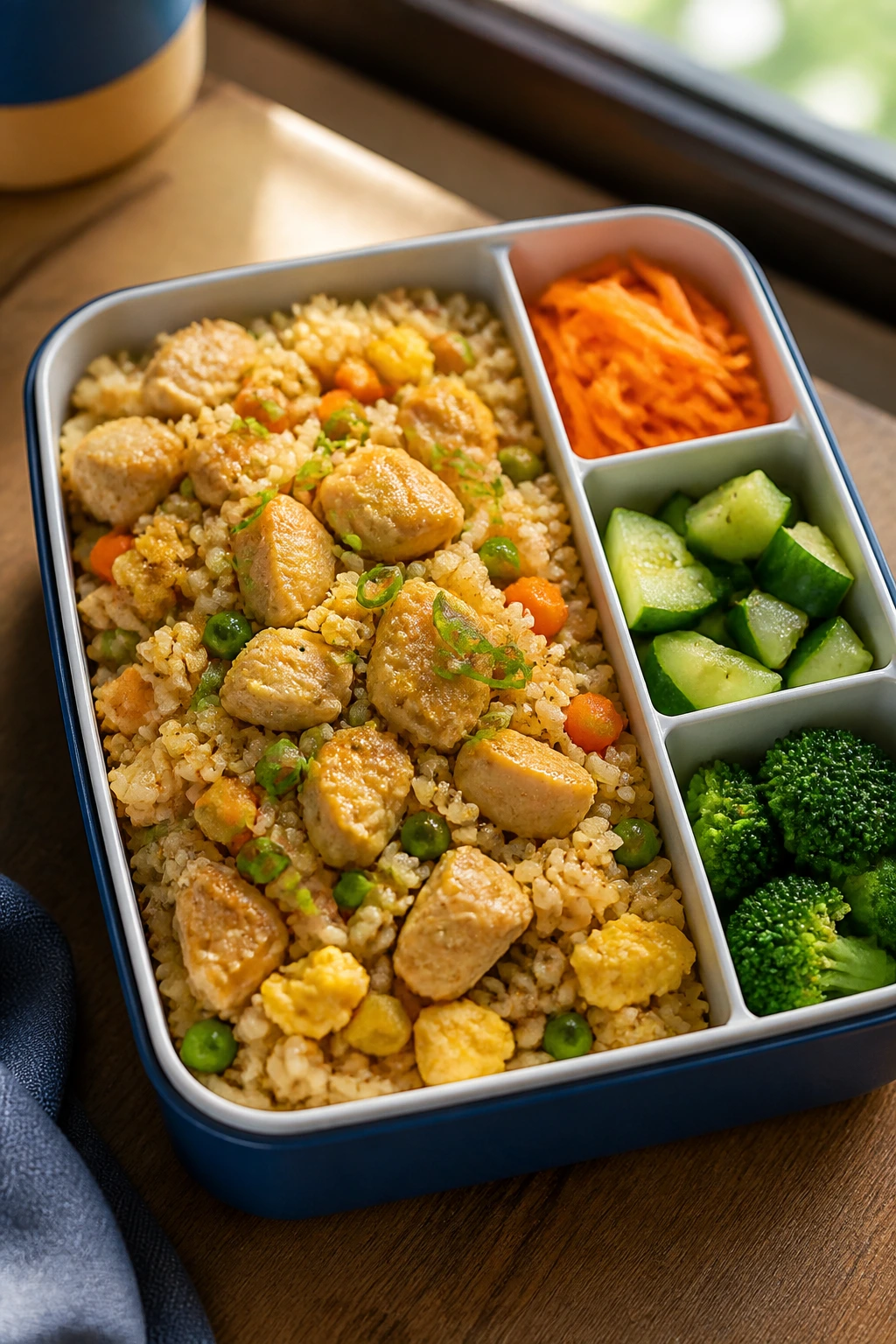 Open bento box with chicken fried rice and vegetables in compartments