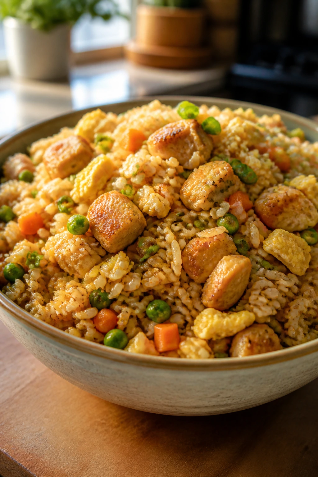 Bowl of chicken fried rice with vegetables and chicken.