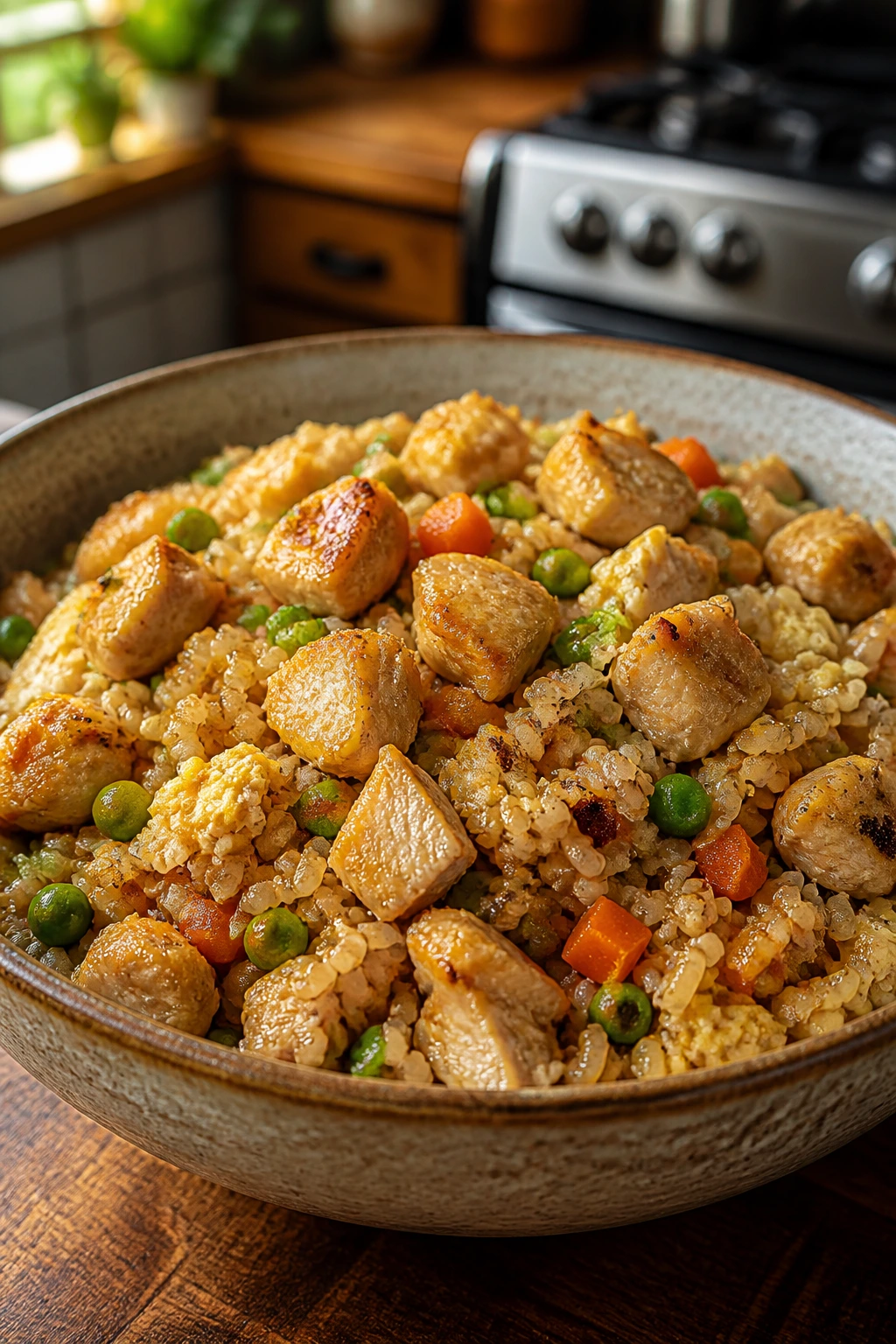 Close-up of Chicken Fried Rice in a rustic bowl with chicken, peas, and rice on a kitchen counter