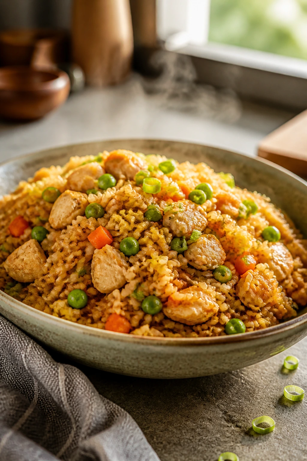 Close-up of chicken fried rice in a rustic bowl