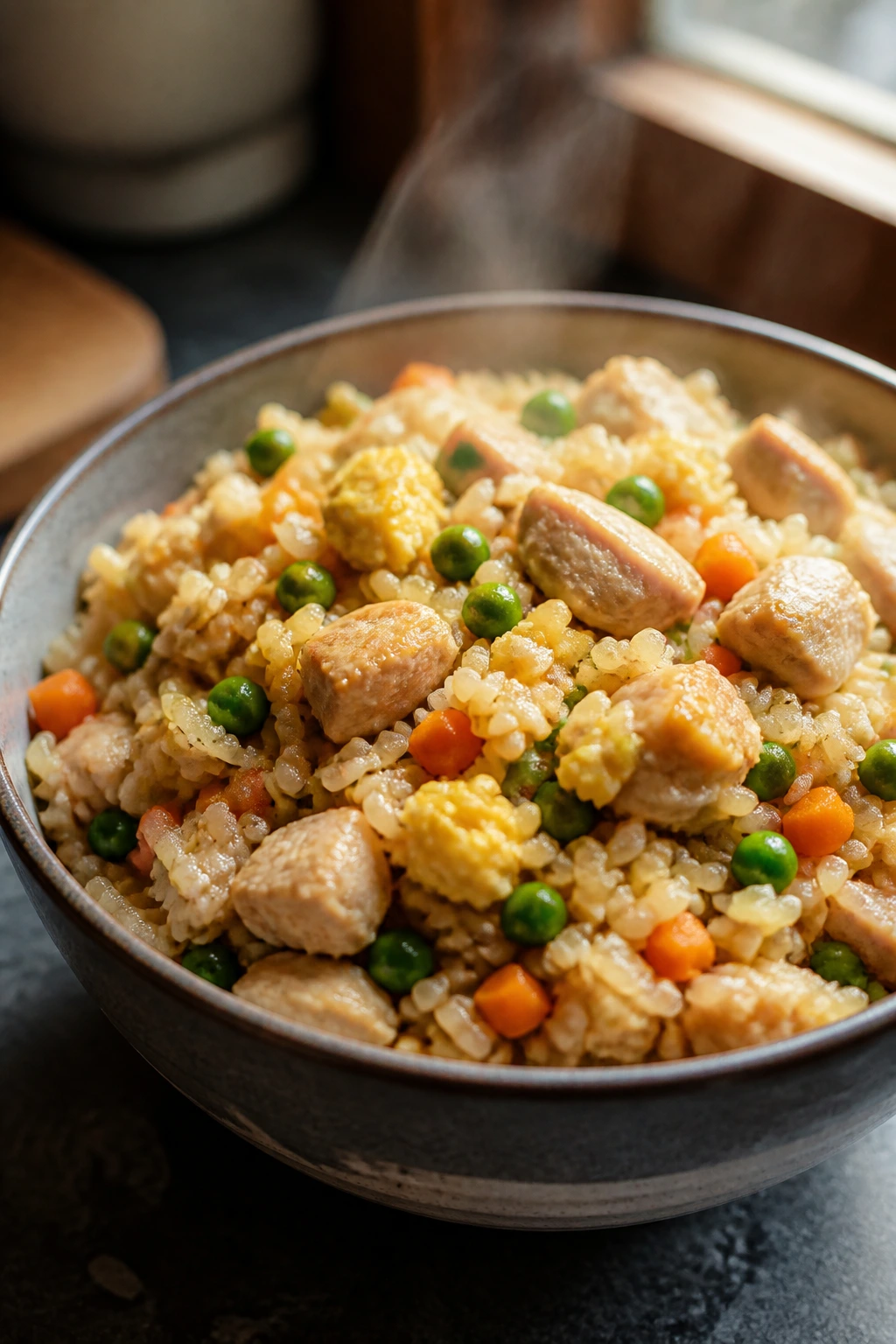 Steaming bowl of chicken fried rice with peas and carrots