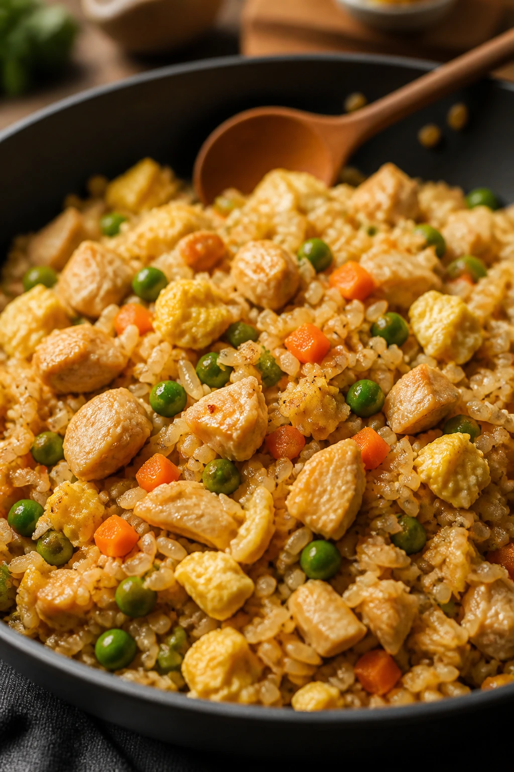 Close-up of chicken fried rice with peas and carrots