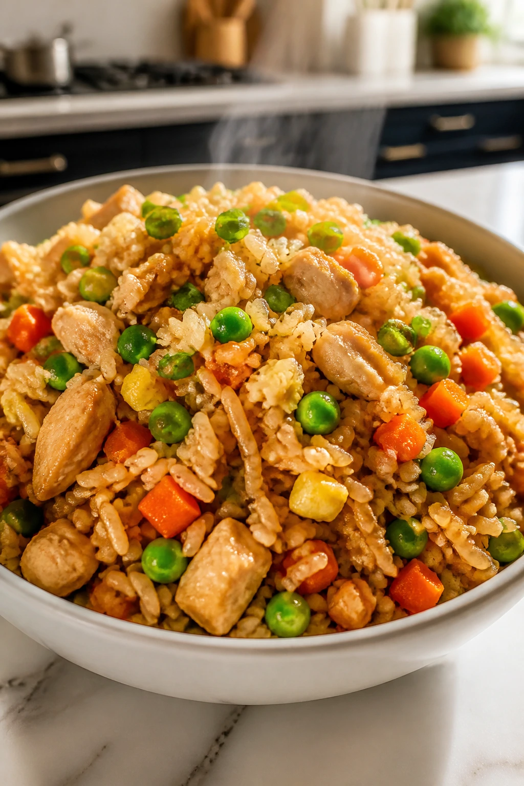 Close-up of Chicken Fried Rice with chicken peas and carrots