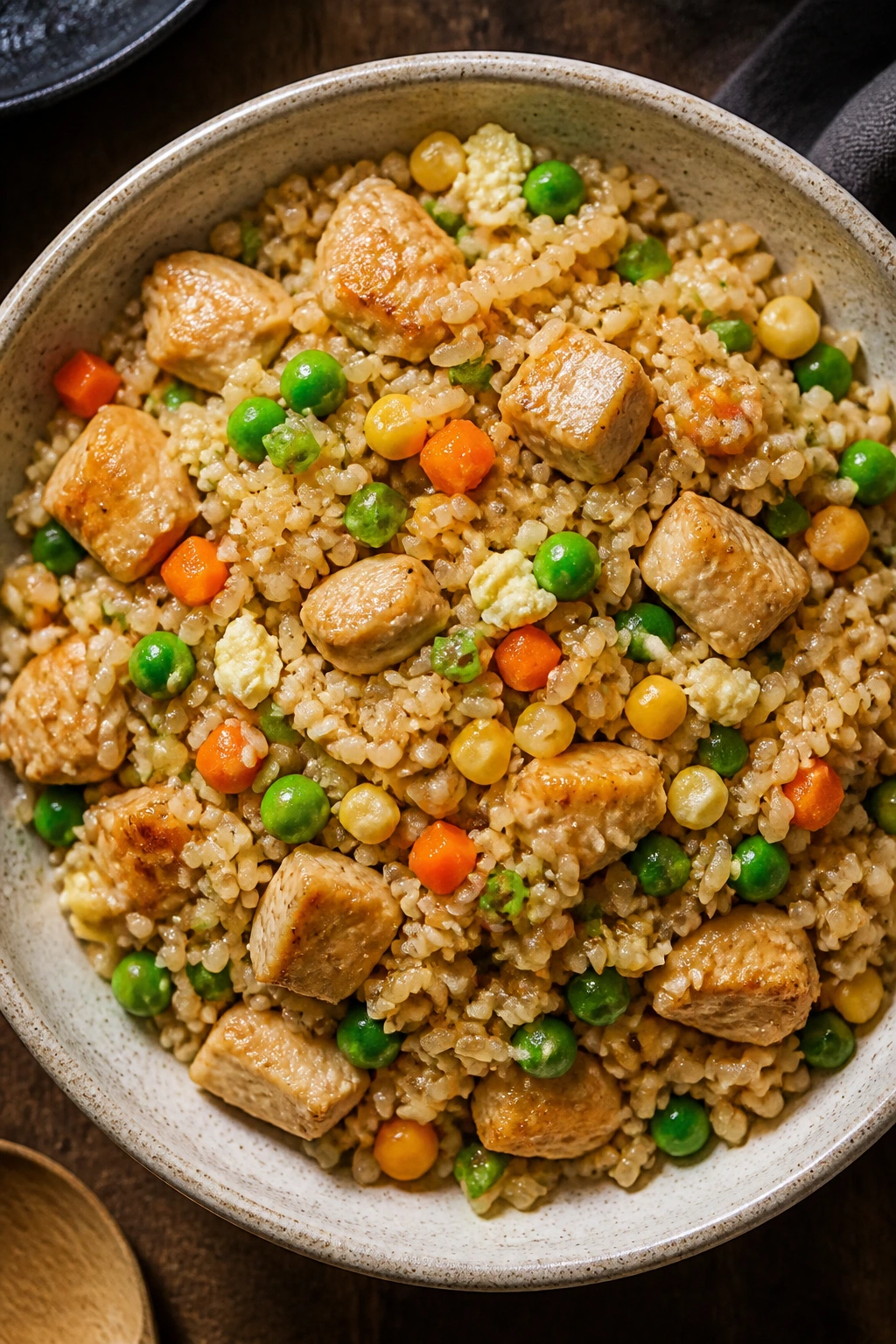 Close-up of chicken fried rice with vegetables in a bowl