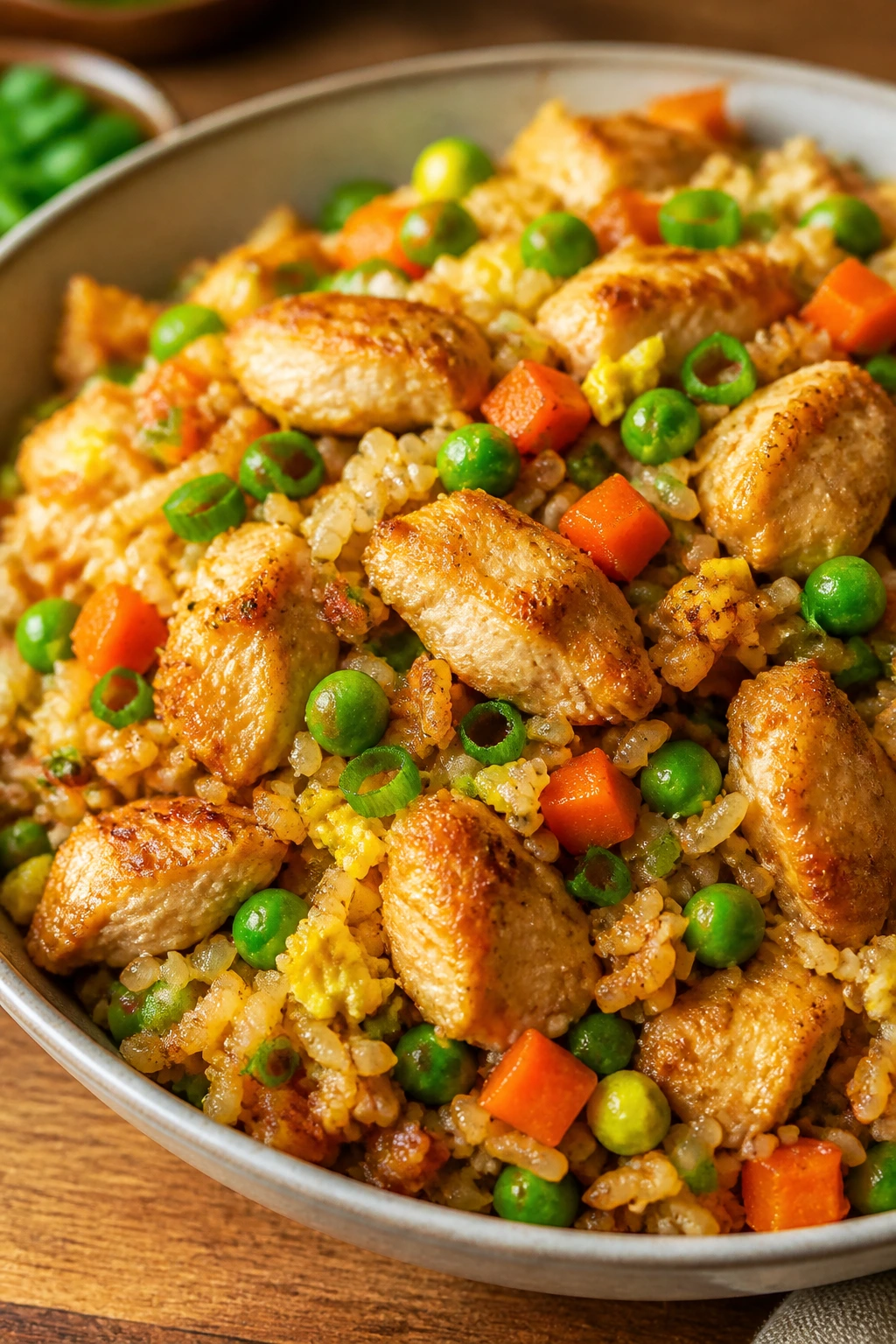 Close-up of chicken and veggie fried rice in a bowl.