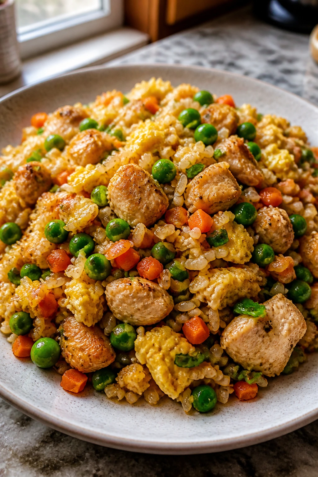 Close-up of veggie-packed chicken fried rice on a plate