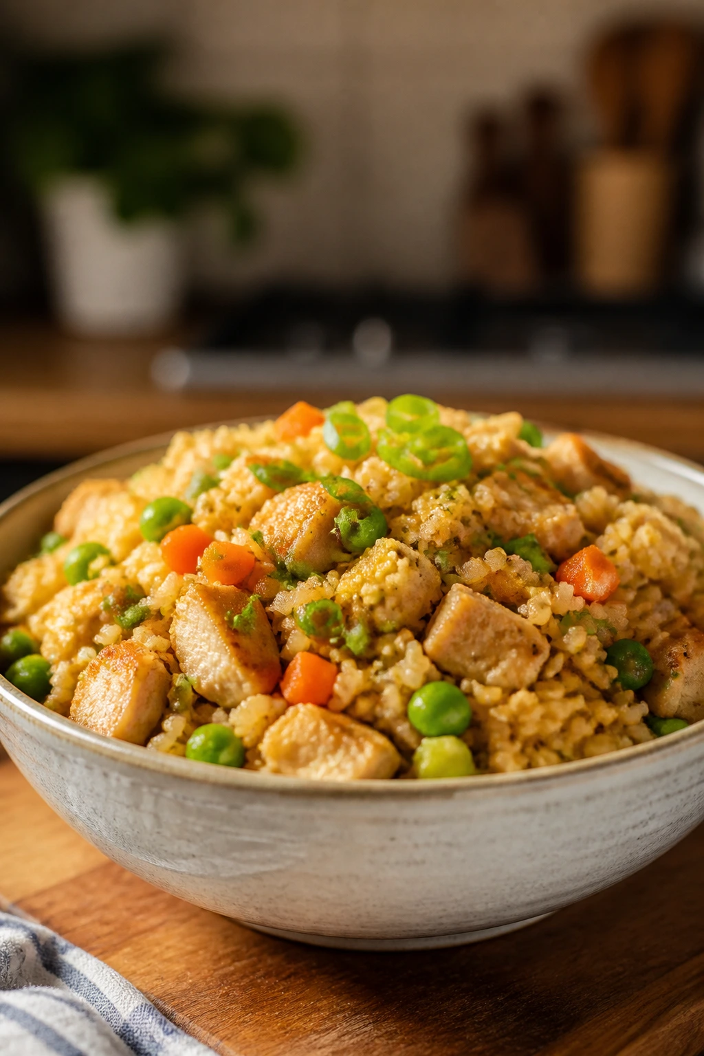 Bowl of chicken veggie fried rice with peas and carrots