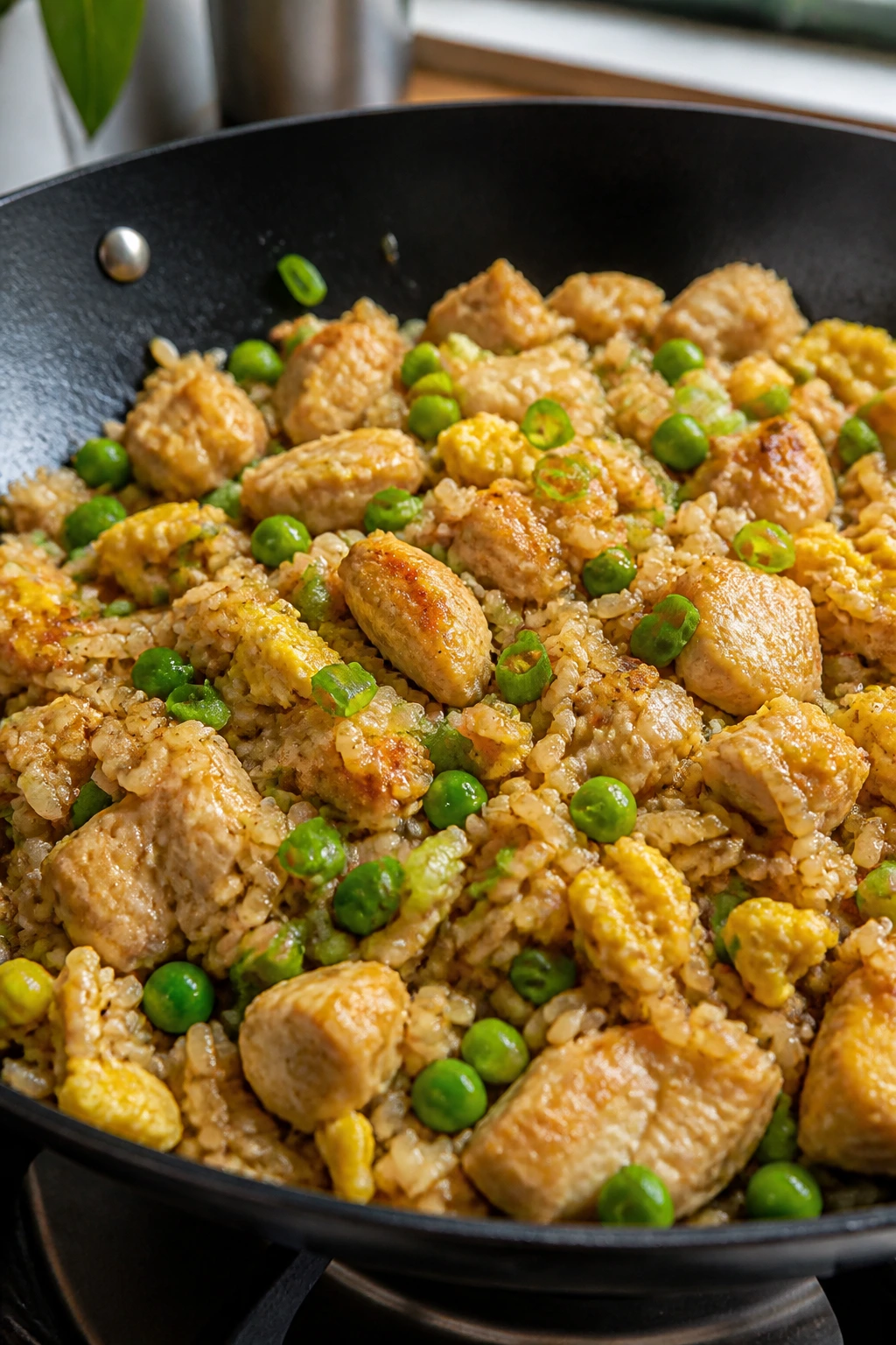 Close-up of chicken fried rice in a wok with eggs and peas