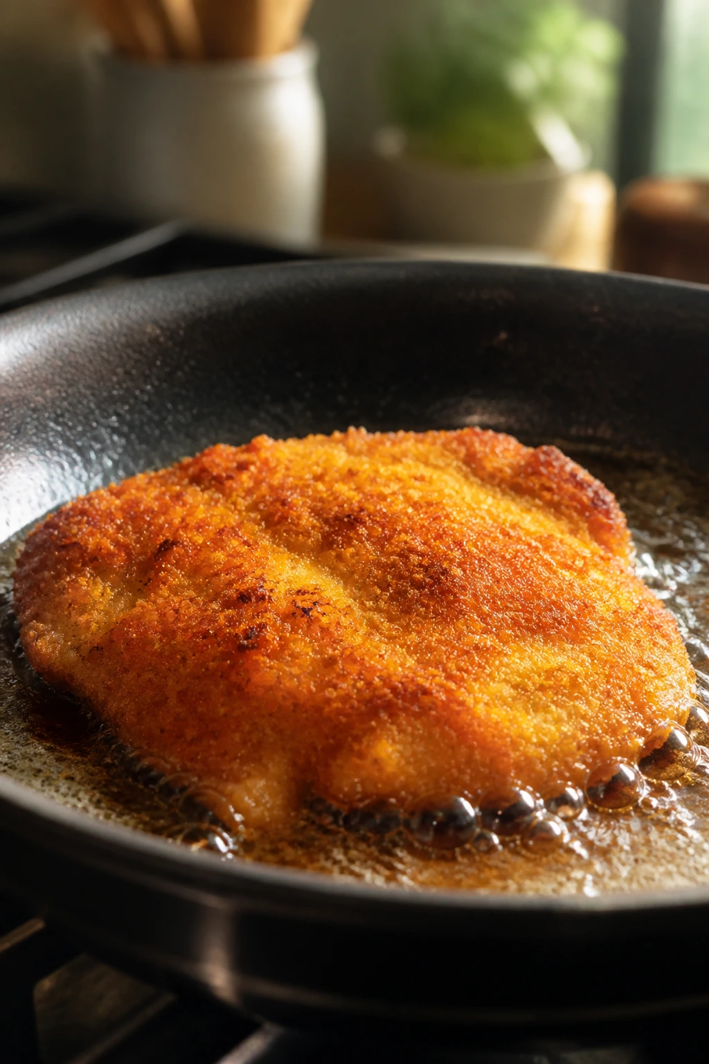 Breaded chicken cutlet browning in hot pan with oil.