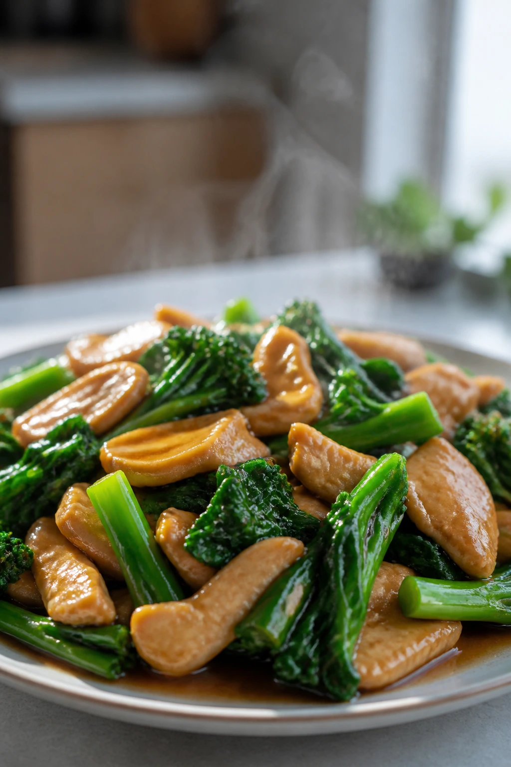 Chicken with Chinese broccoli in light glaze