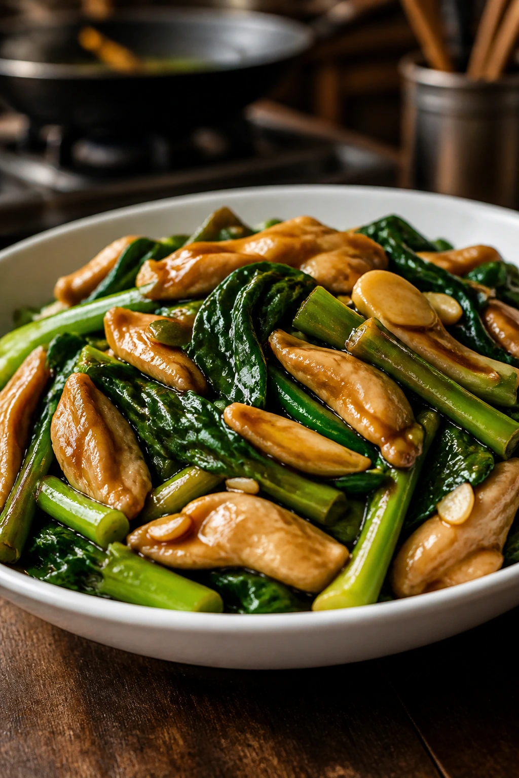 Stir-fried chicken and gai lan in oyster sauce on plate