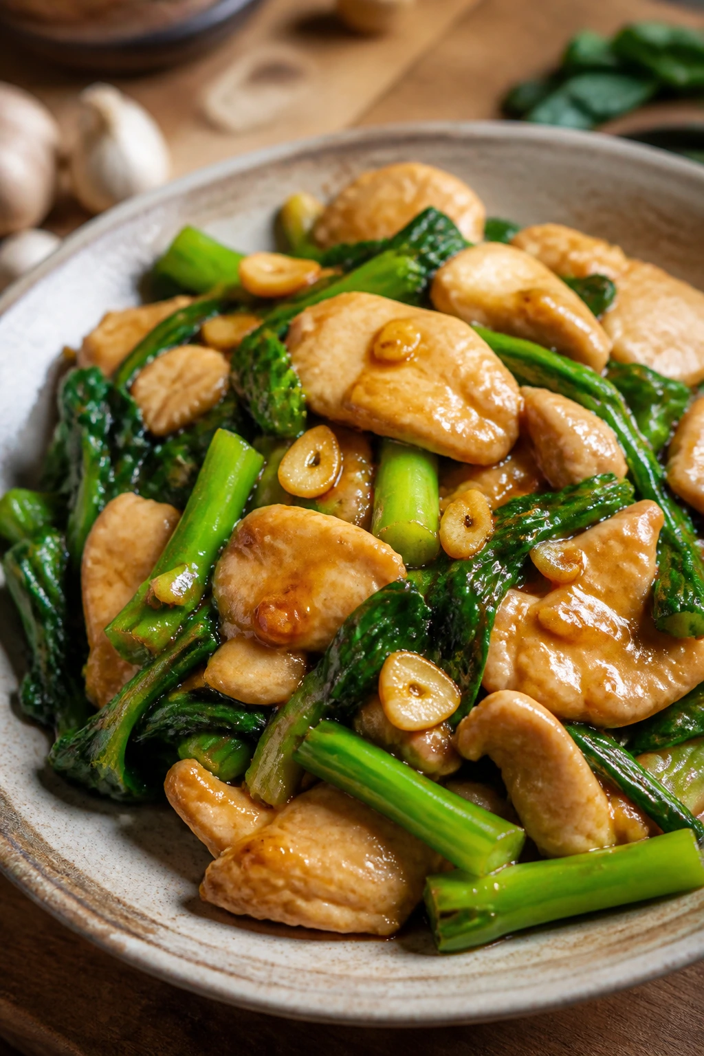 Close-up of chicken with gai lan stir-fry on a rustic plate