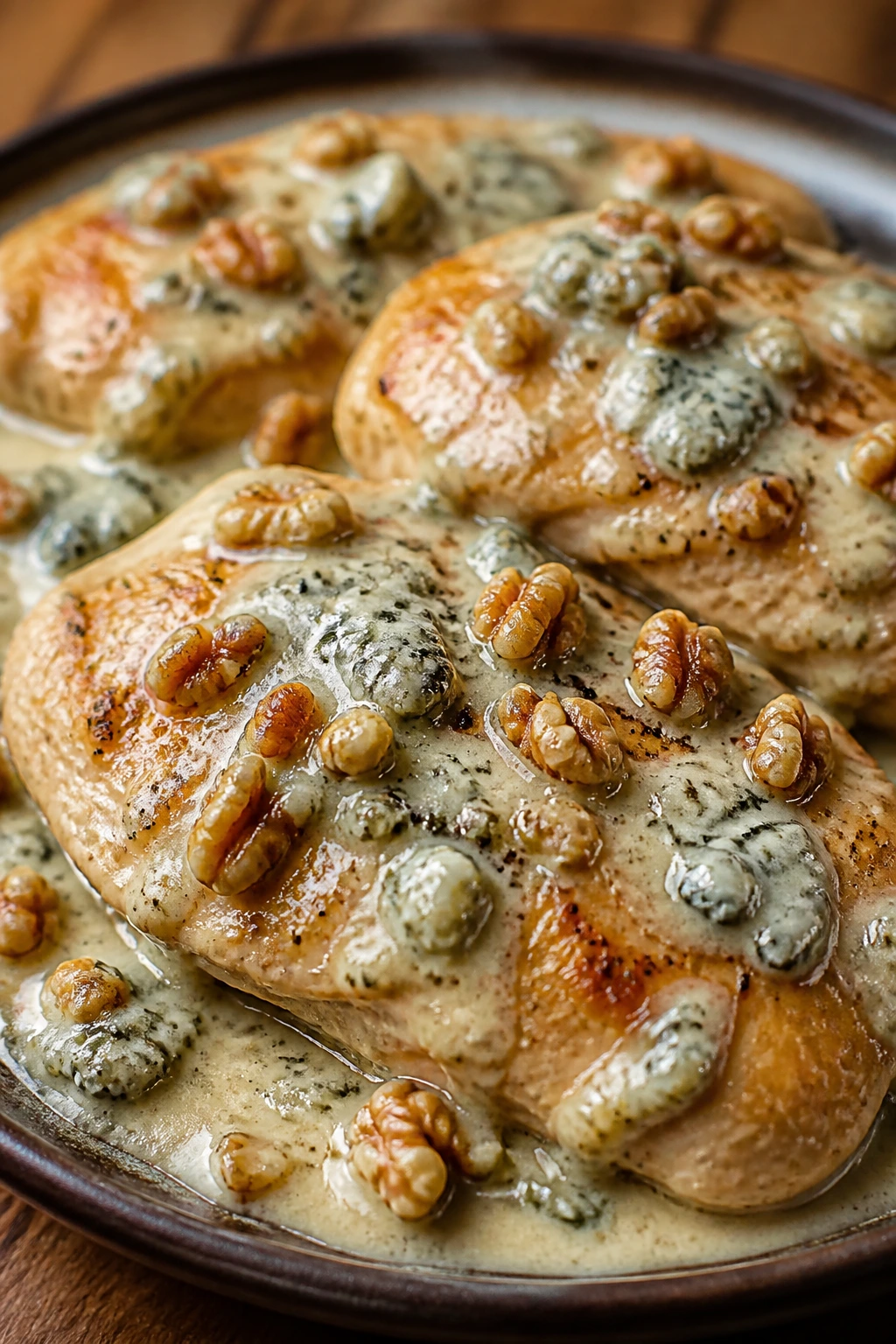 Close-up of chicken with Gorgonzola and walnuts in a skillet