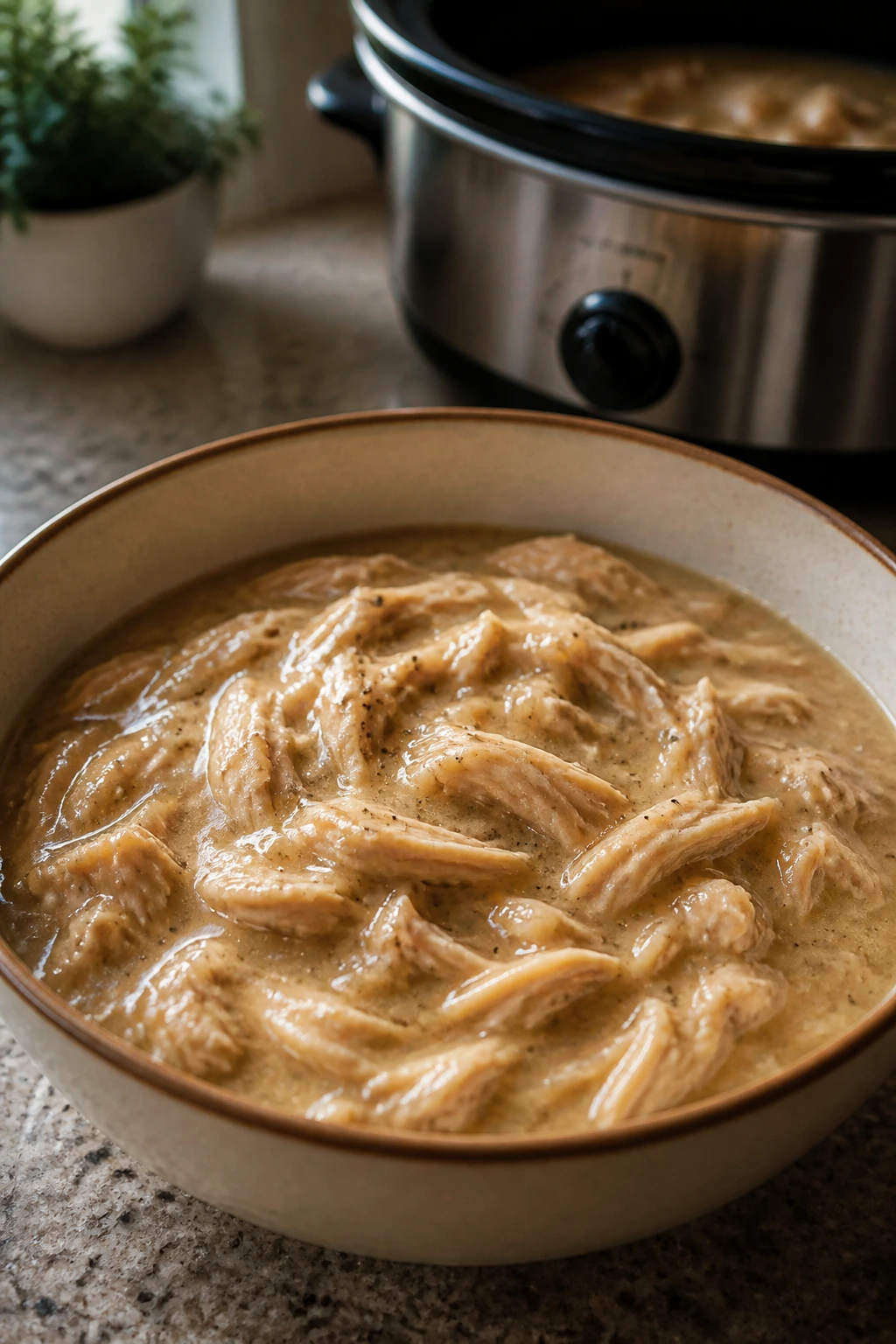 Shredded chicken in creamy gravy in a rustic bowl