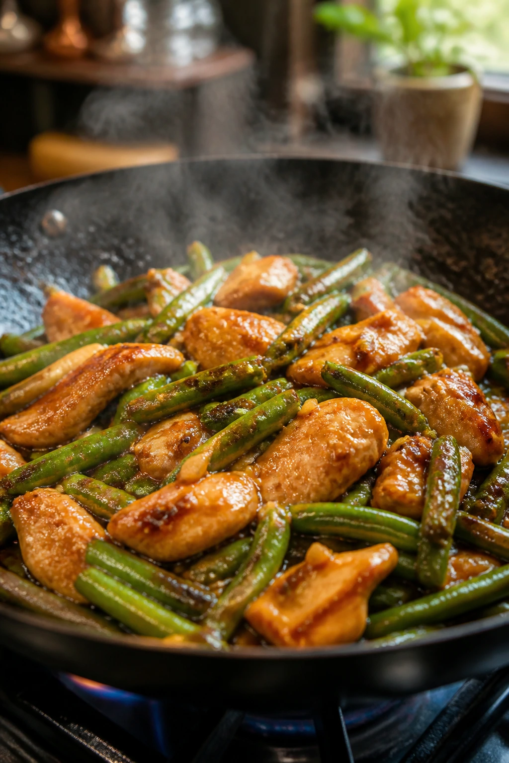 Close-up of chicken and green beans in garlic sauce