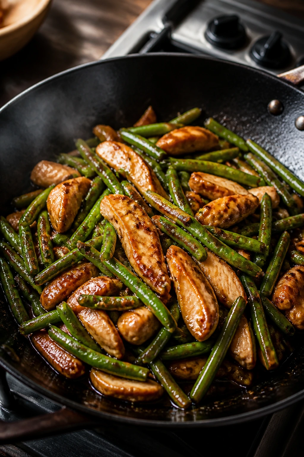 Blistered green beans and chicken in a glossy stir-fry in a wok