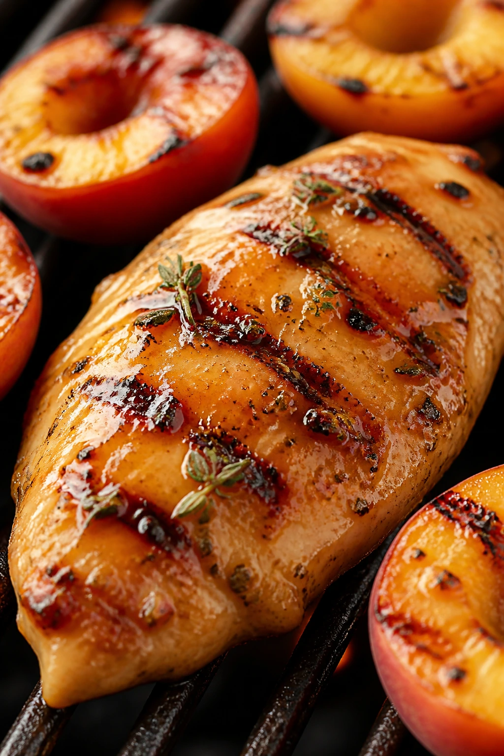 Close-up of peach-glazed chicken breast on the grill with peaches nearby