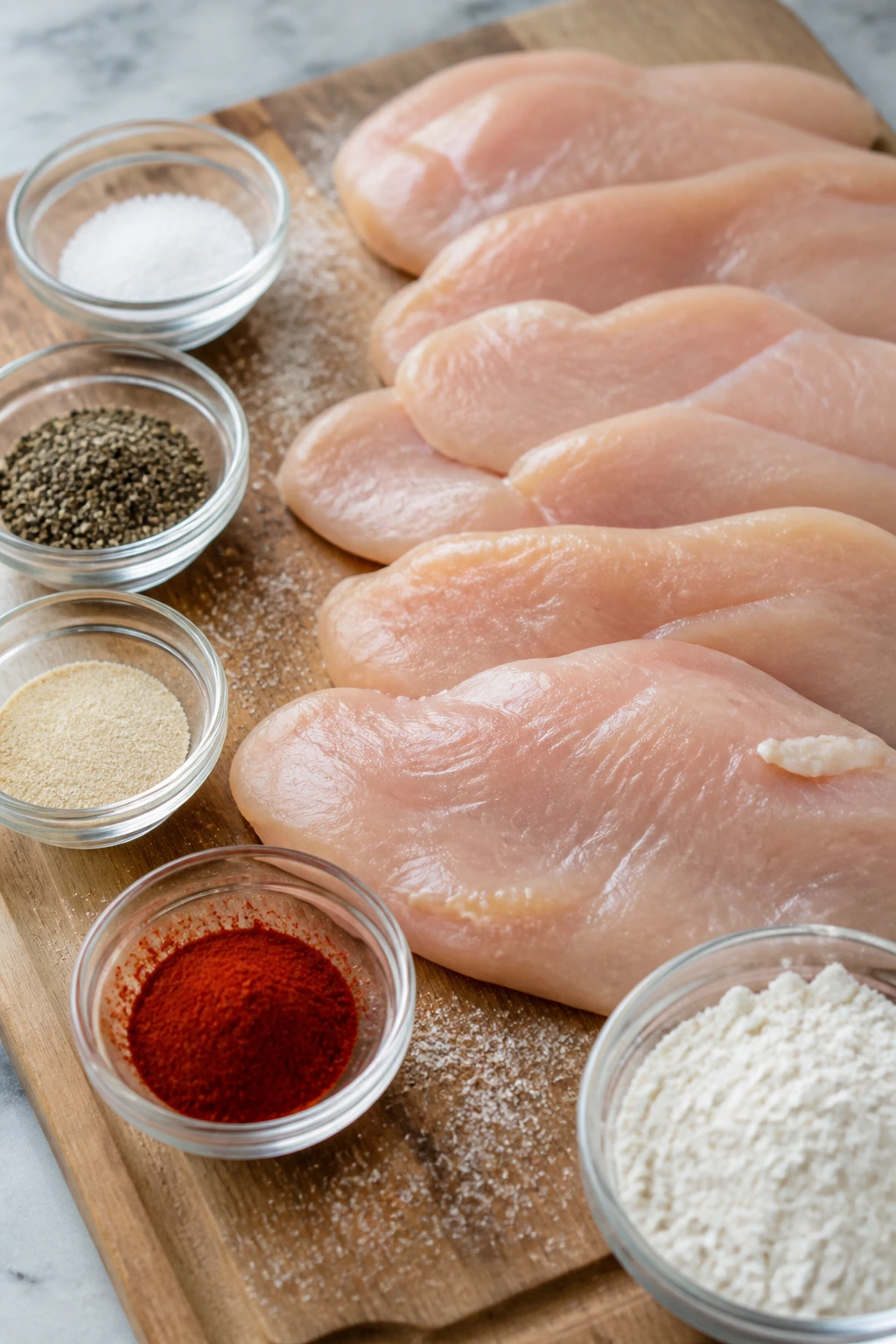 Chicken cutlets with salt pepper garlic powder paprika and flour on wooden board