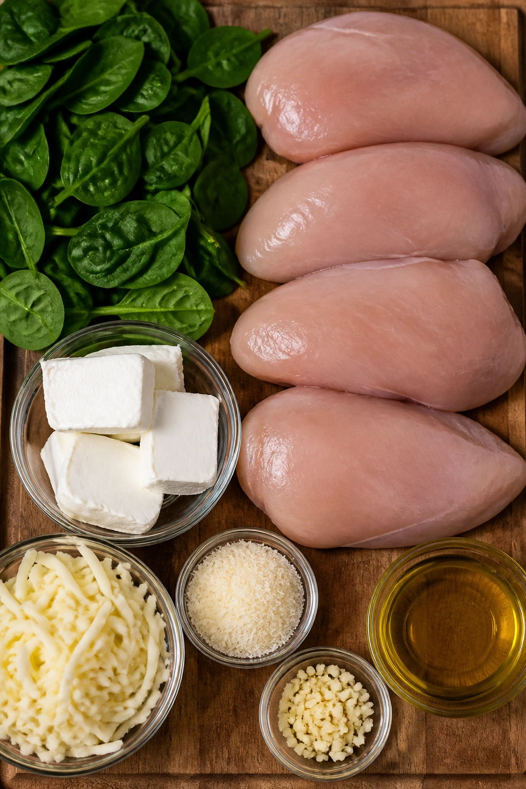 Raw ingredients for stuffed chicken laid out on cutting board