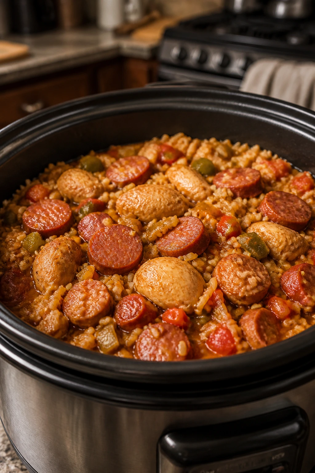 Close-up of chicken jambalaya rice cooker bowl with sausage and peppers