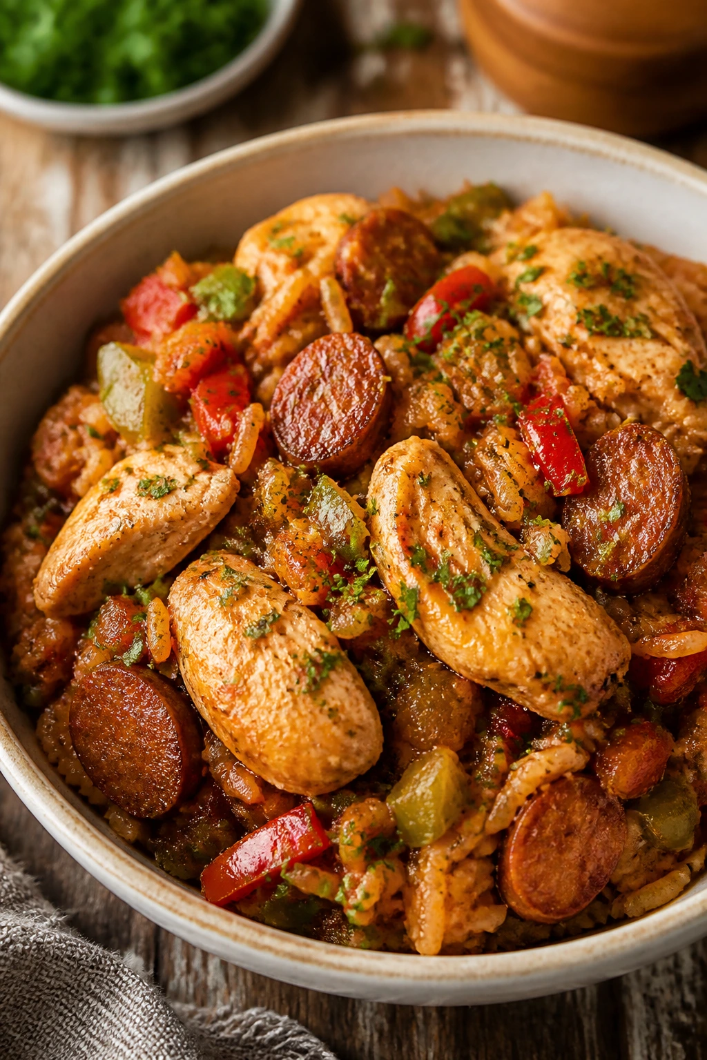 Jambalaya with chicken, sausage, peppers in a bowl