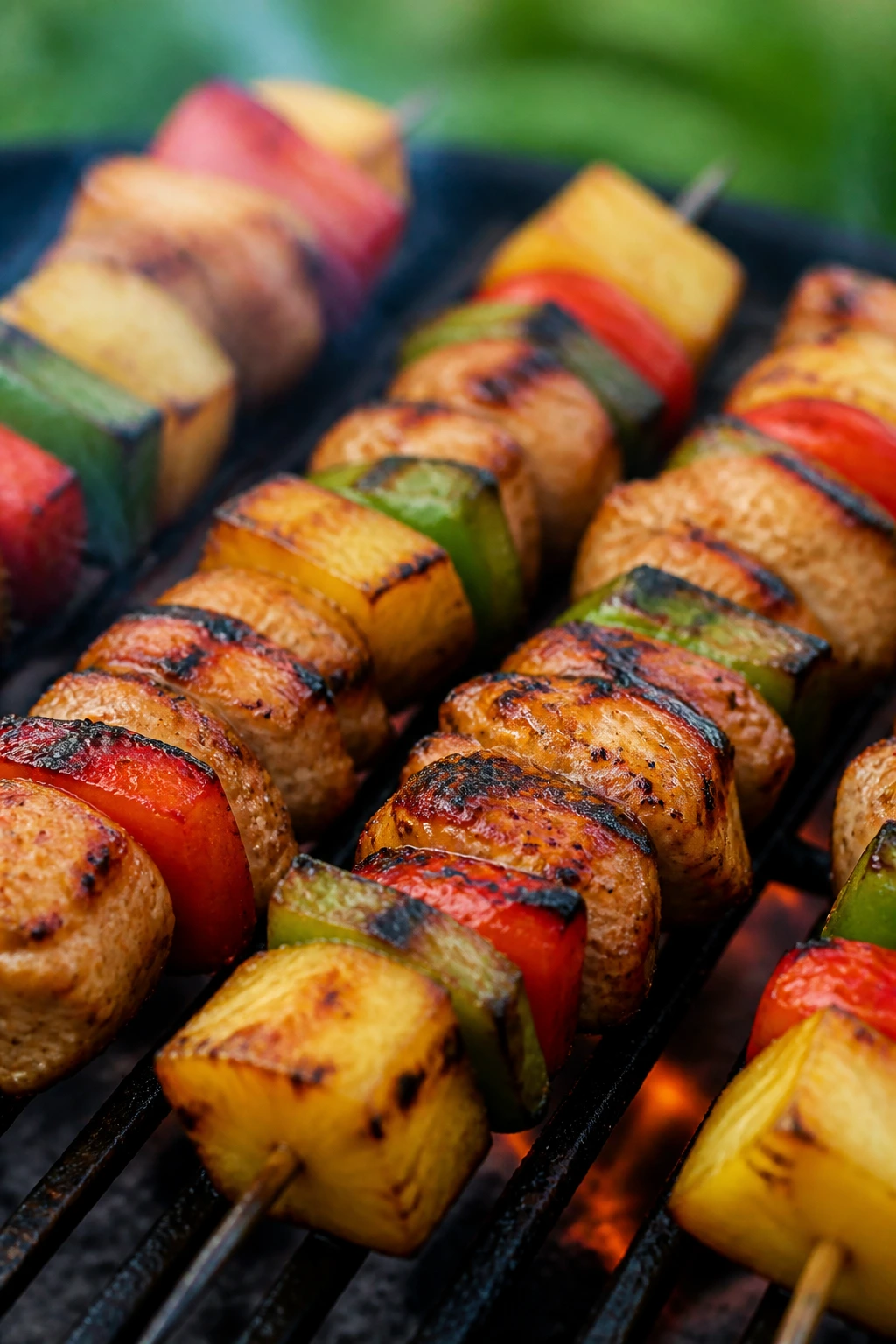 Close-up on colorful chicken and pineapple kabobs on skewers over a grill.
