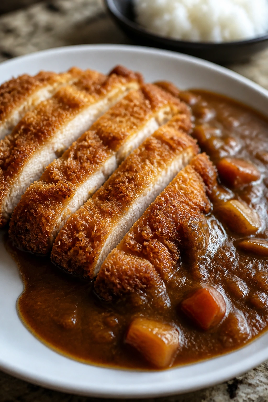 Close-up of crispy chicken katsu with curry sauce on plate