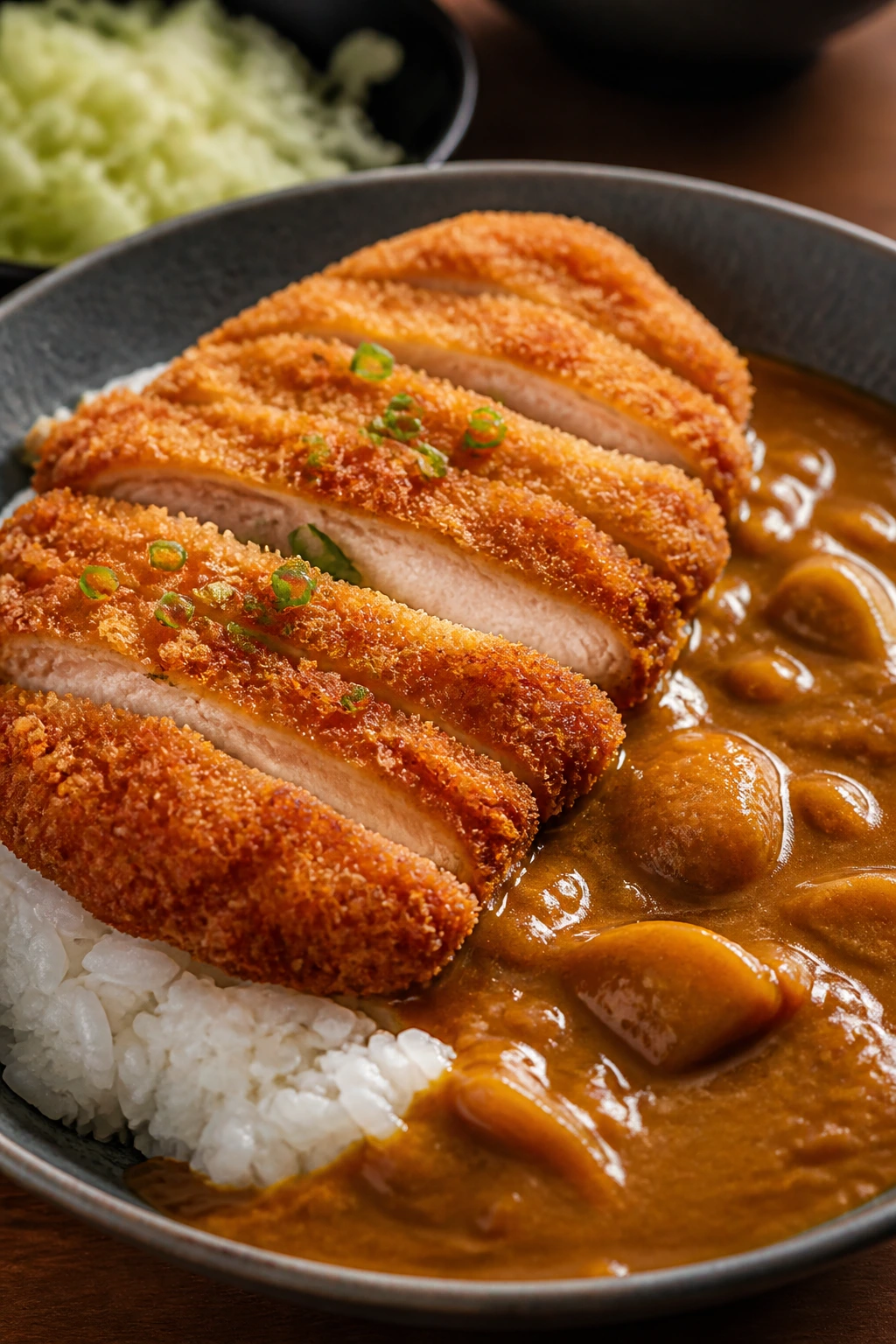 Close-up of crispy chicken katsu over rice with curry sauce in a cozy kitchen setting