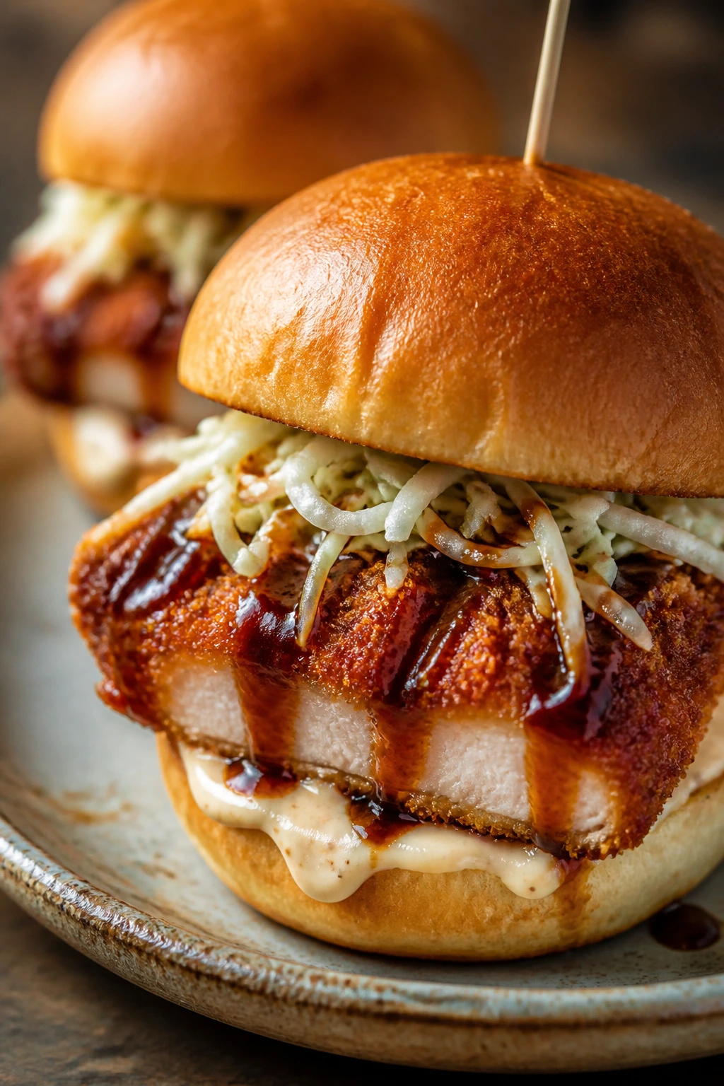 Close-up of a Chicken Katsu Slider with tonkatsu glaze