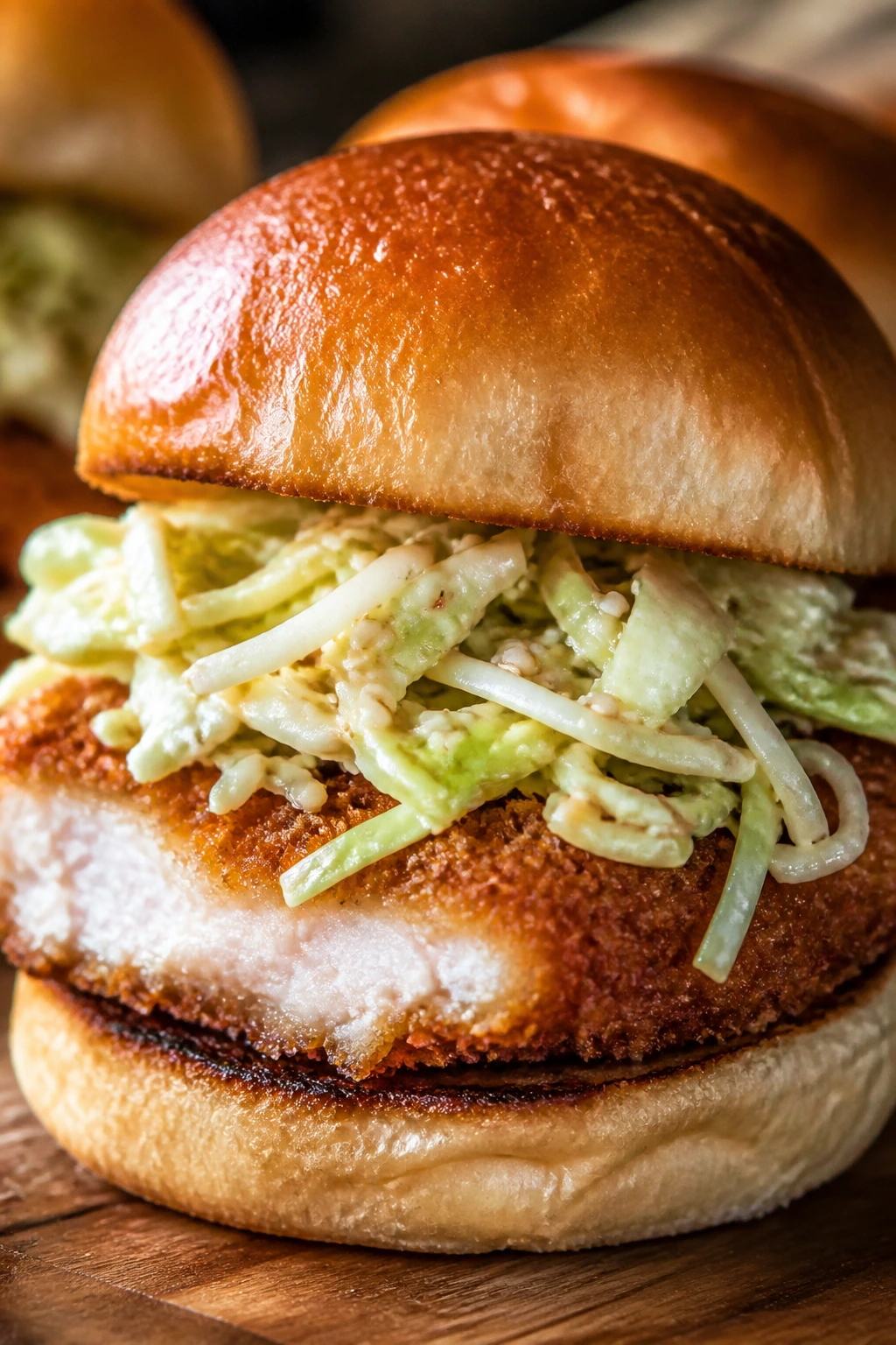 Crispy chicken katsu slider with sesame cabbage on a bun