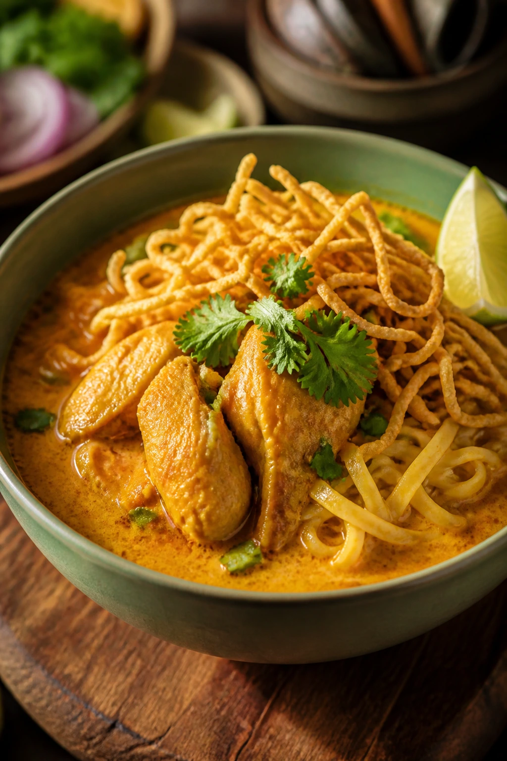 Close-up of a bowl of chicken khao soi with soft noodles and crispy topping.