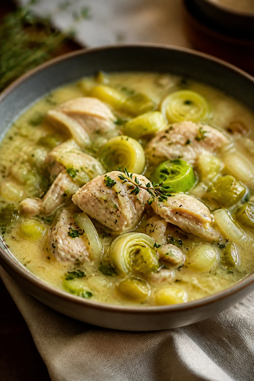 Chicken, leek and herb stew in a cozy kitchen bowl