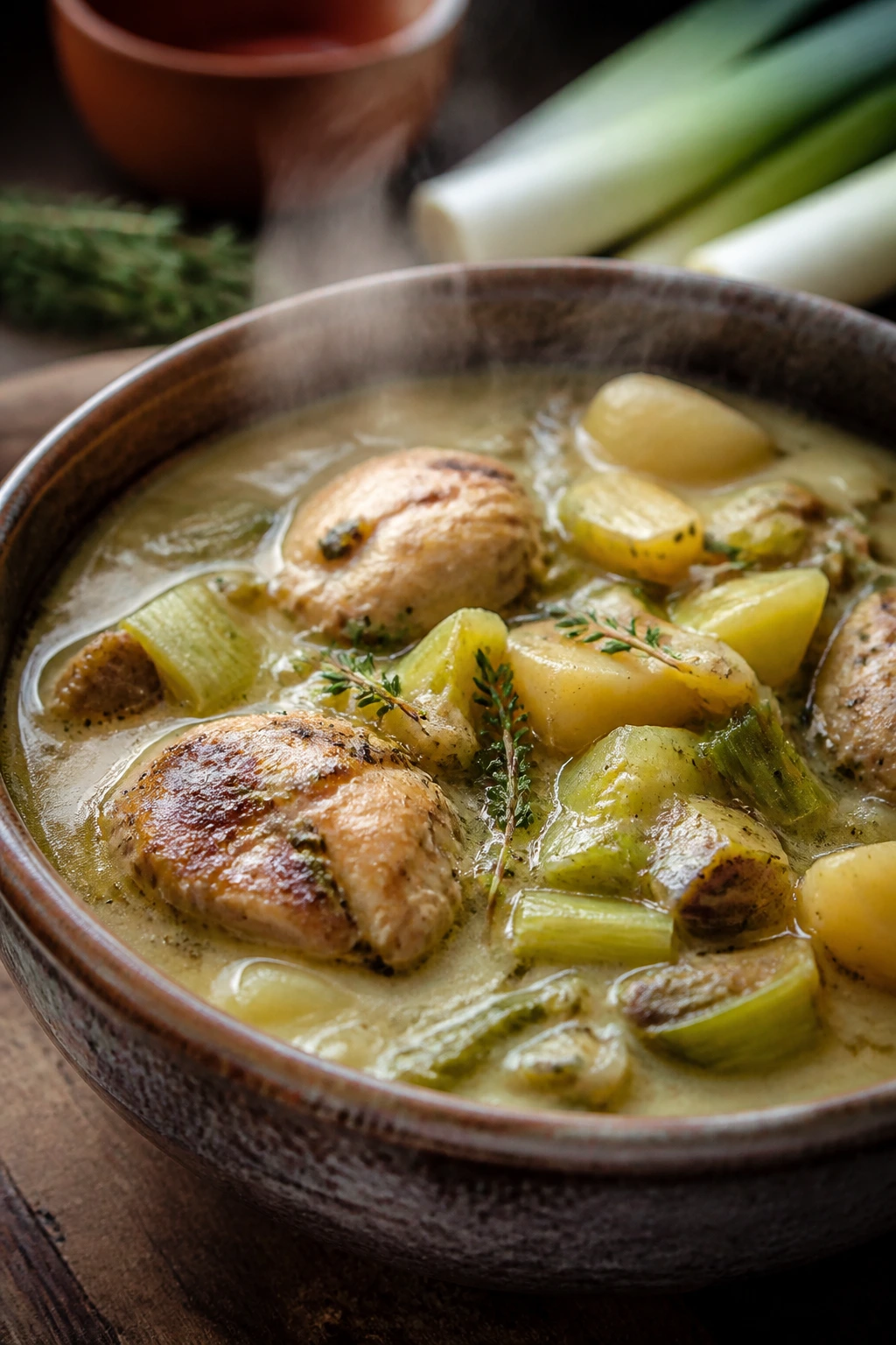 Chicken and leek stew in a rustic bowl with thyme