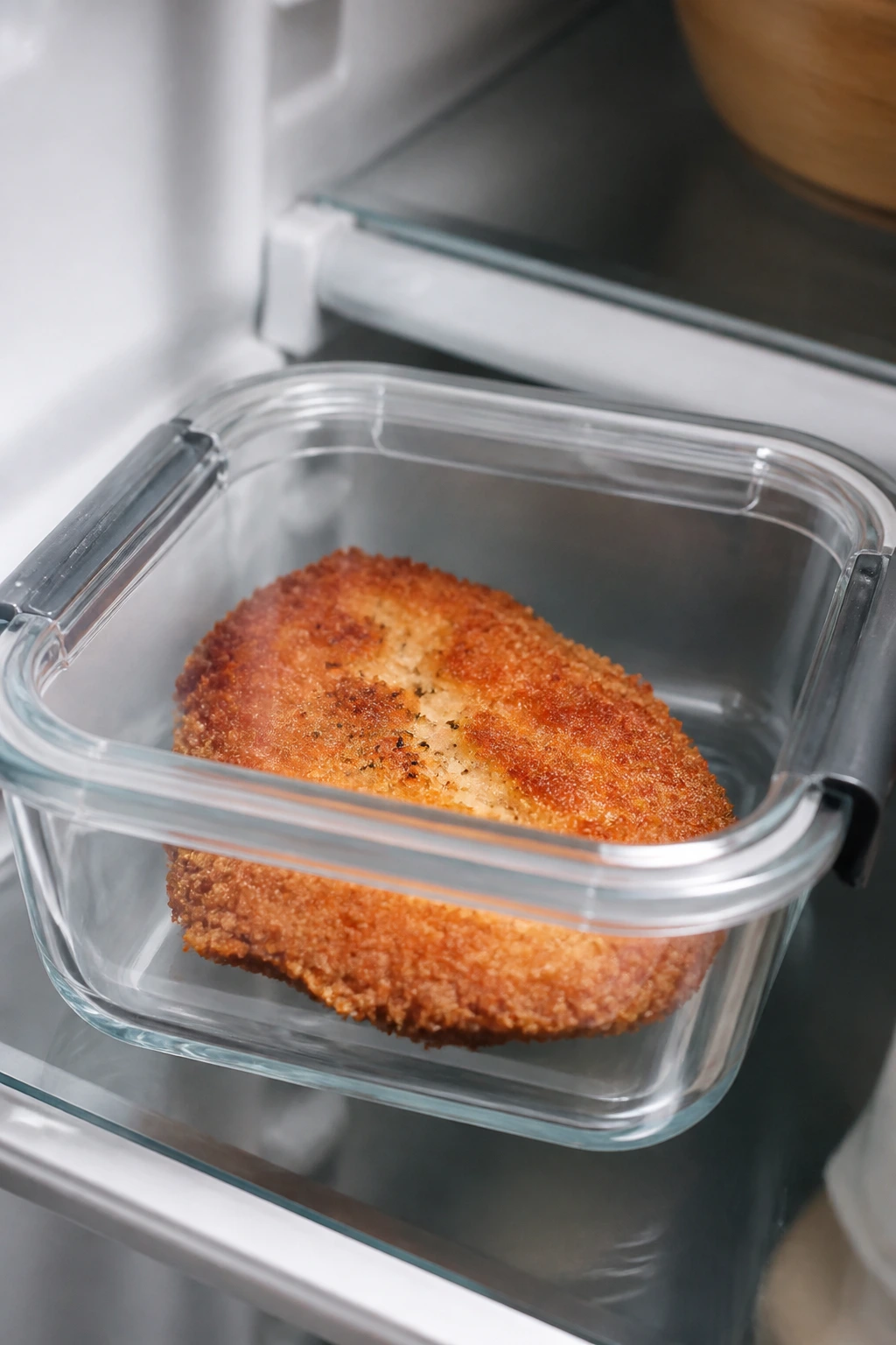 Breaded chicken cutlet stored in a clear container on a fridge shelf.