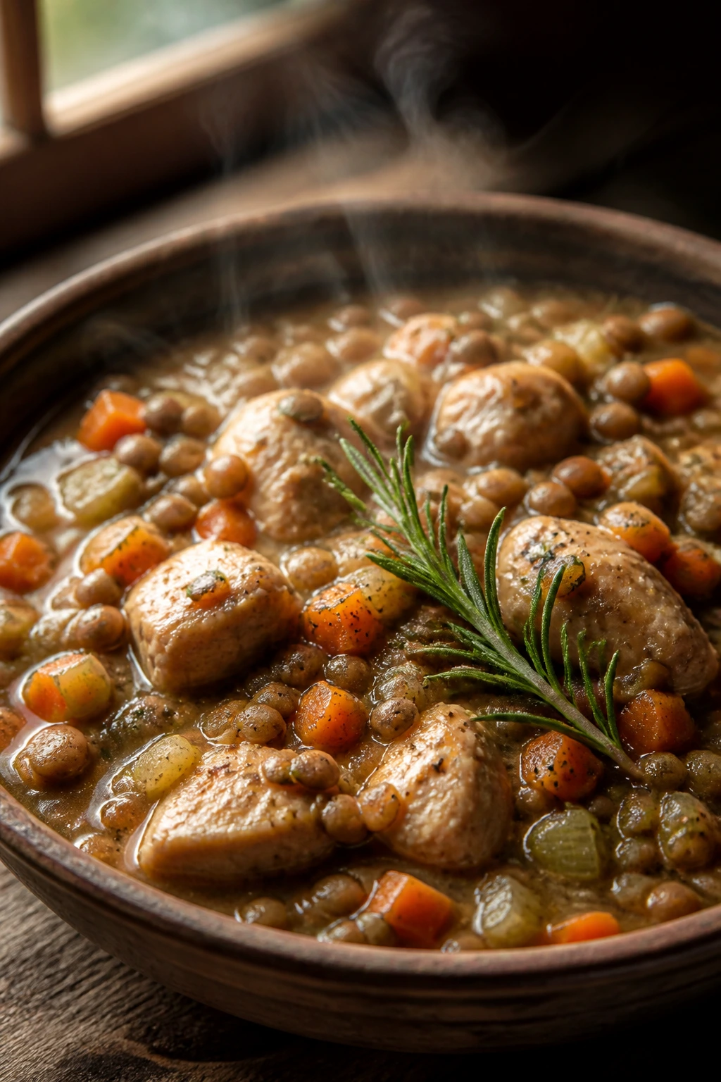 Stew with chicken, lentils and rosemary in a rustic bowl