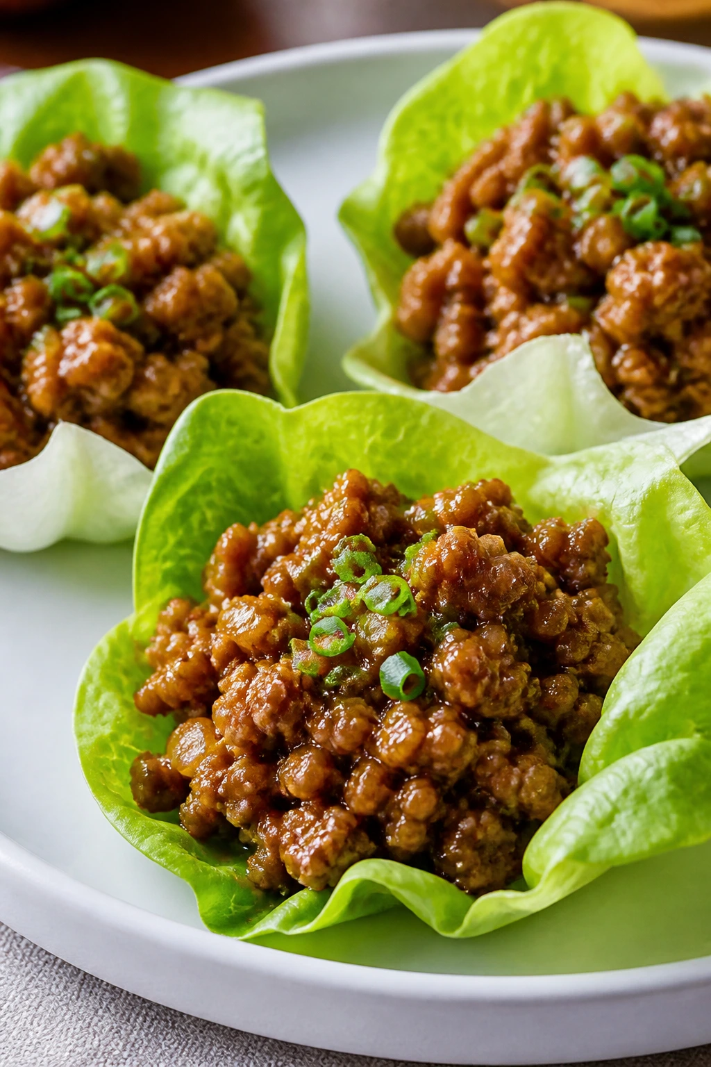 Close-up of chicken lettuce cups with ginger soy on a plate