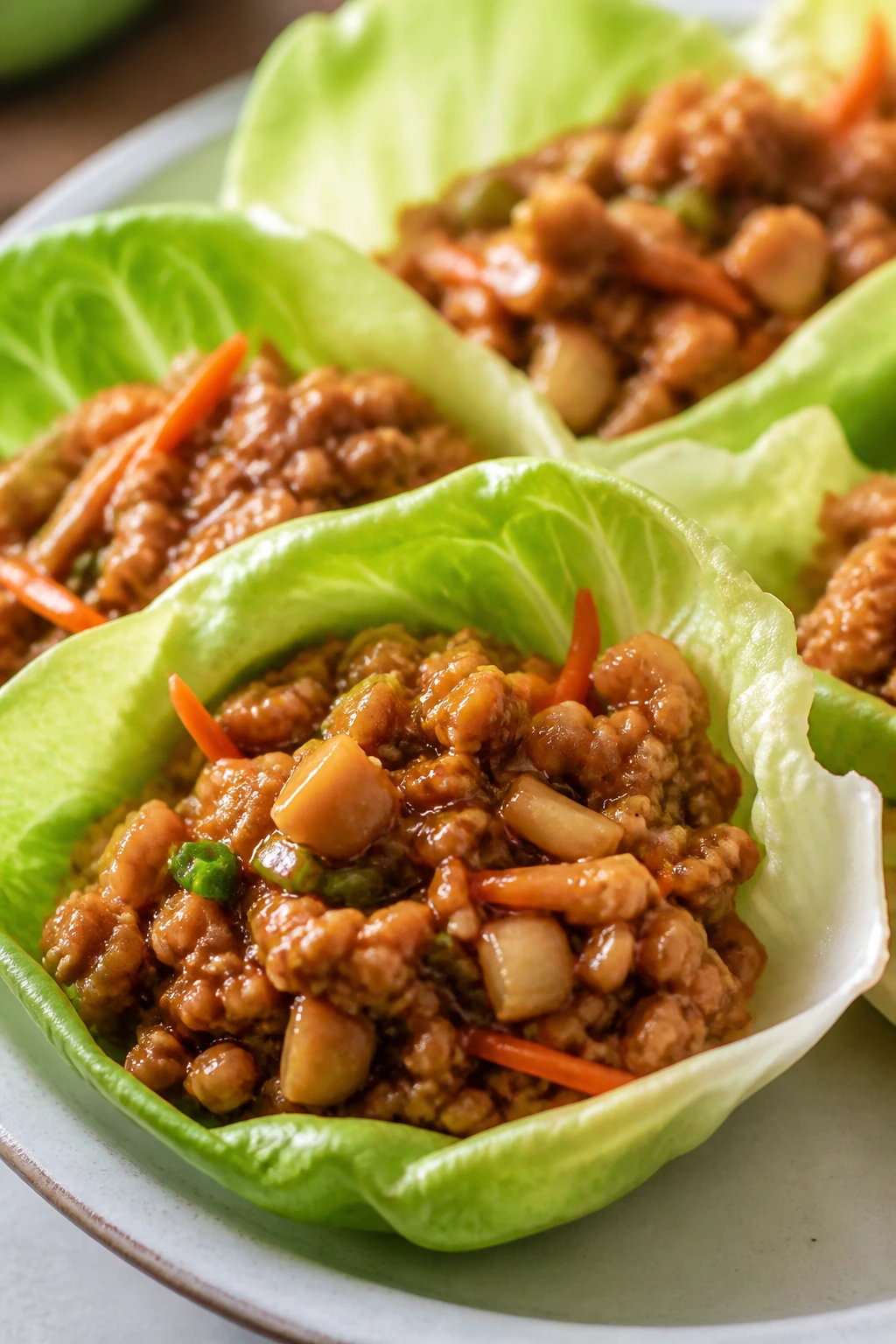 Close-up of crisp lettuce wraps filled with chicken and veggies