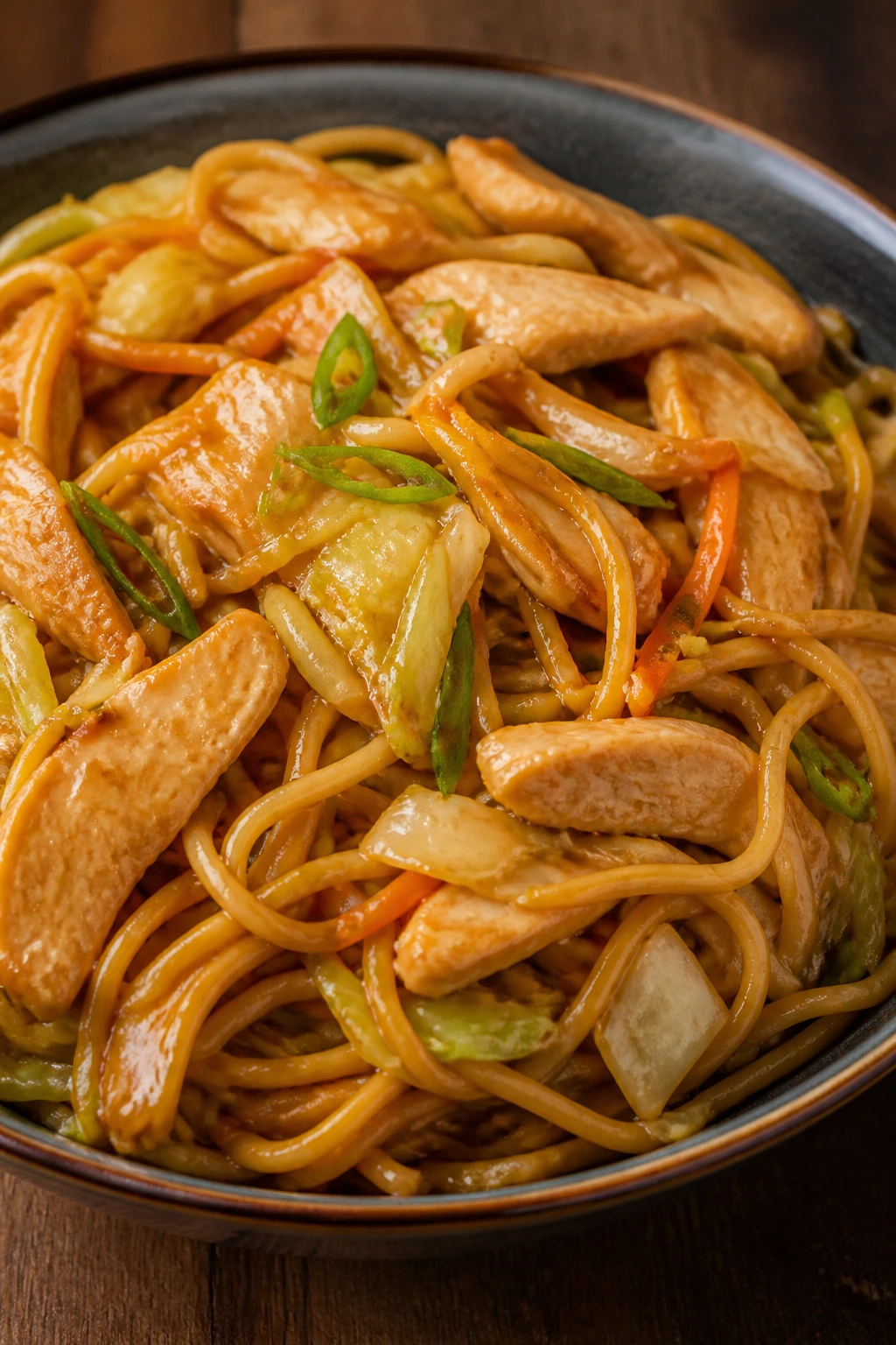 Chicken lo mein in a glossy sauce in a bowl