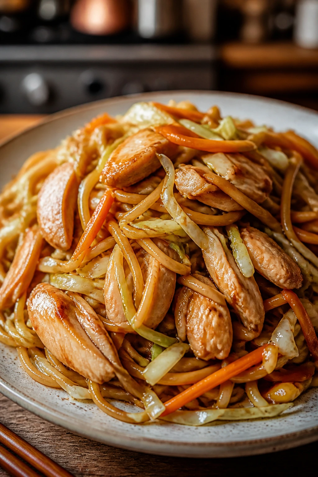 Chicken lo mein with cabbage and carrots on plate