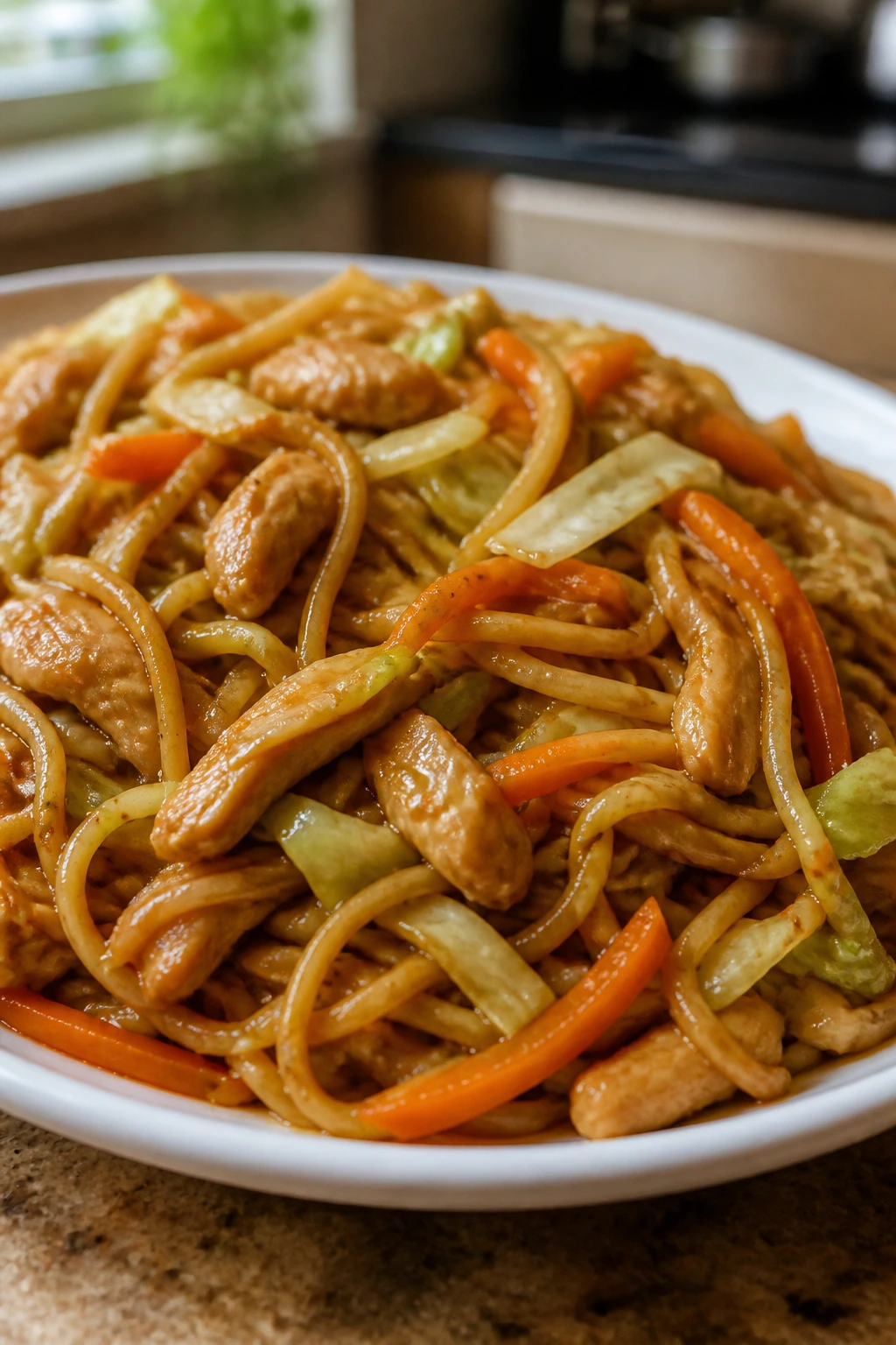 Noodles with cabbage and carrots in sauce on plate